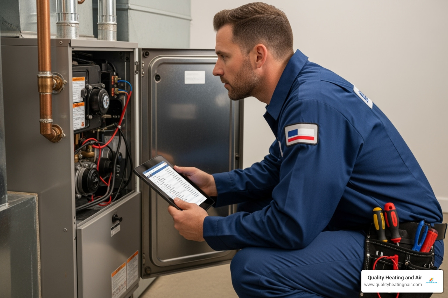 Image of a technician inspecting a furnace with a checklist - furnace maintenance in edgewater co
