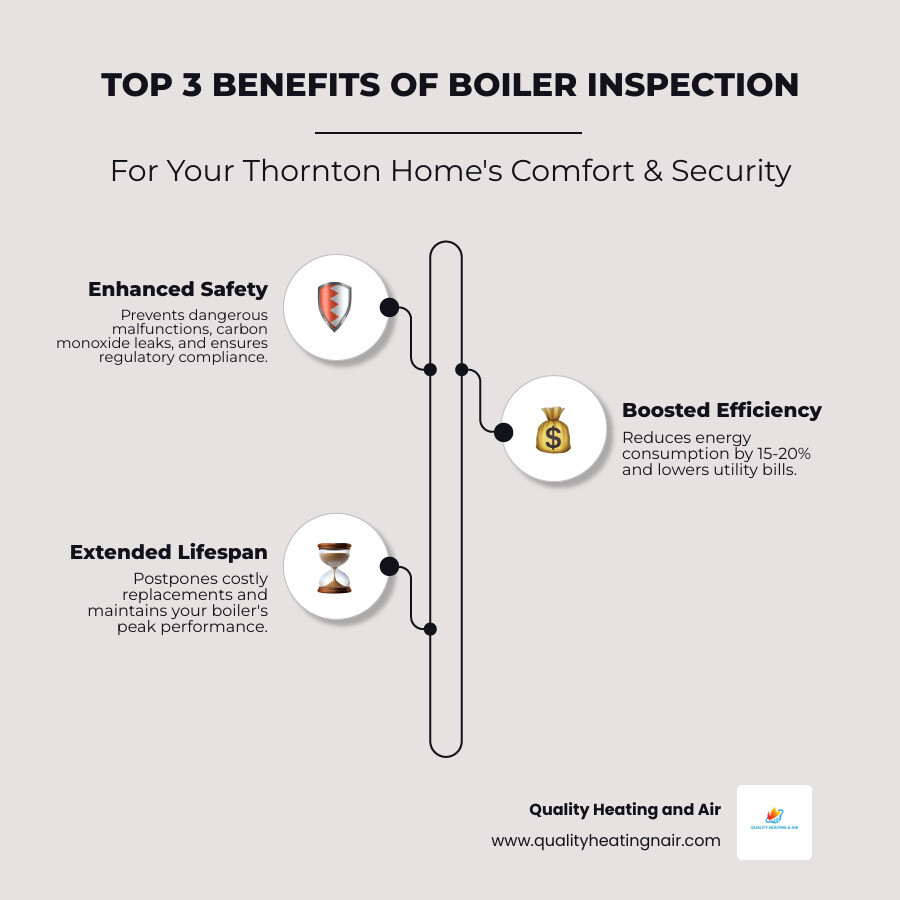 Infographic explaining the top 3 benefits of boiler inspection: Safety, Efficiency, and Longevity - boiler inspection in thornton co infographic infographic-line-3-steps-elegant_beige