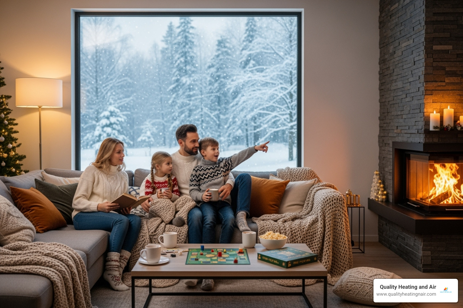 Family enjoying a warm living room during winter - boiler inspection in thornton co