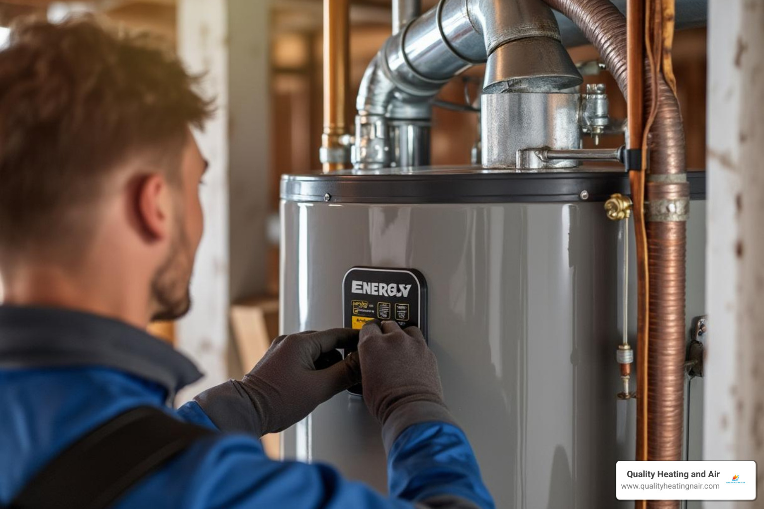 of a shiny new energy-efficient water heater being installed - water heater not working in northglenn co