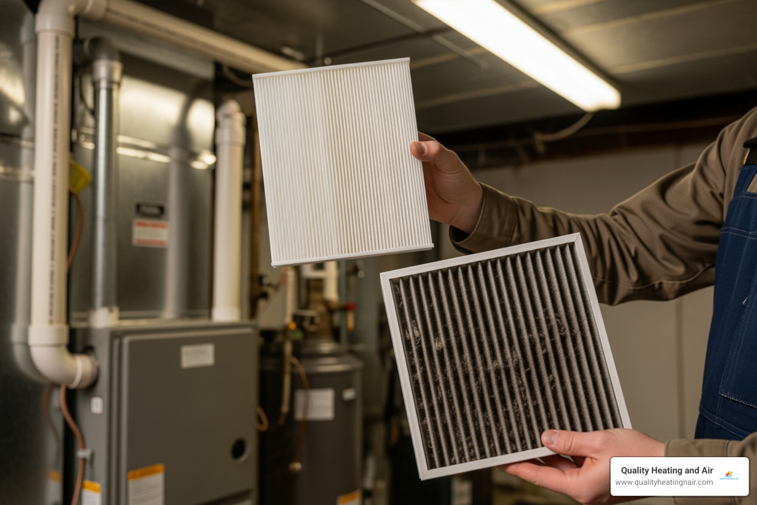 A technician holding a clean furnace filter next to a visibly dirty, clogged one for comparison - furnace maintenance in wheat ridge co