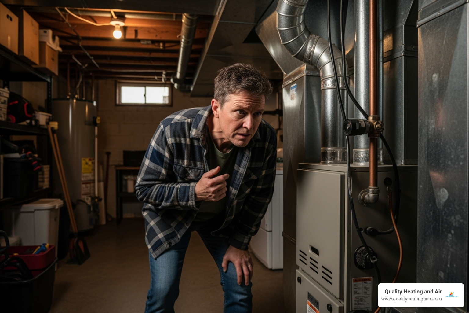 A concerned homeowner listening intently to a noisy furnace, indicating potential problems - furnace maintenance in wheat ridge co