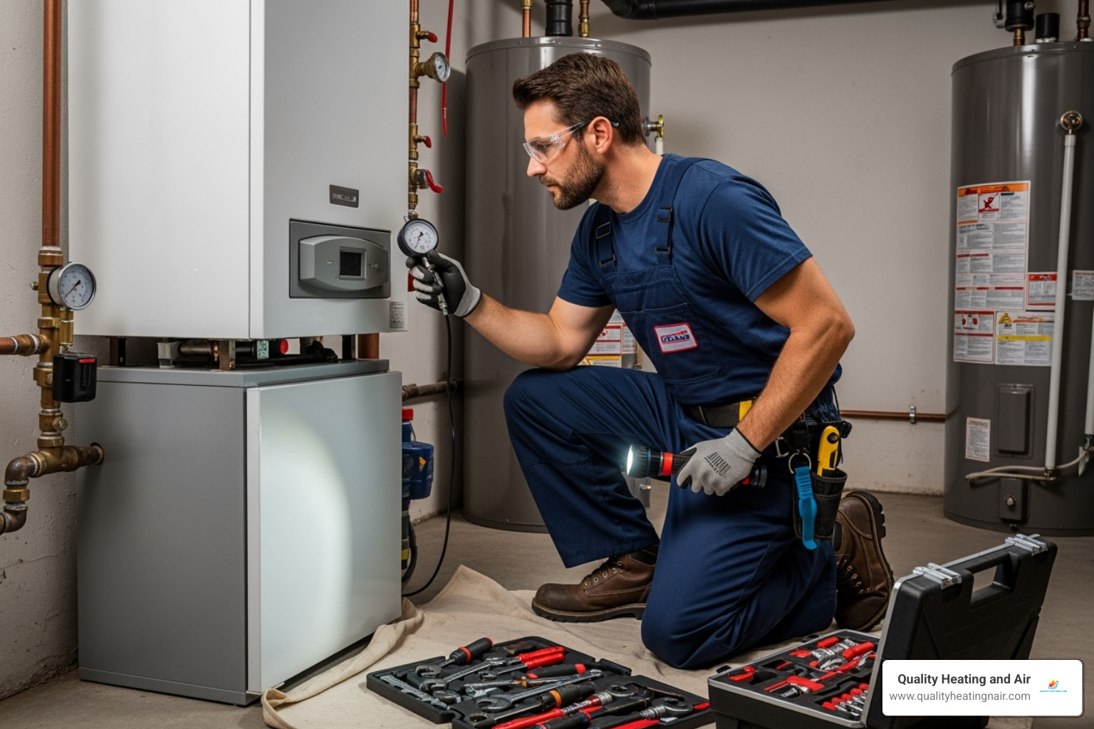 professional HVAC technician inspecting a boiler with tools - boiler blowing cold air in edgewater co