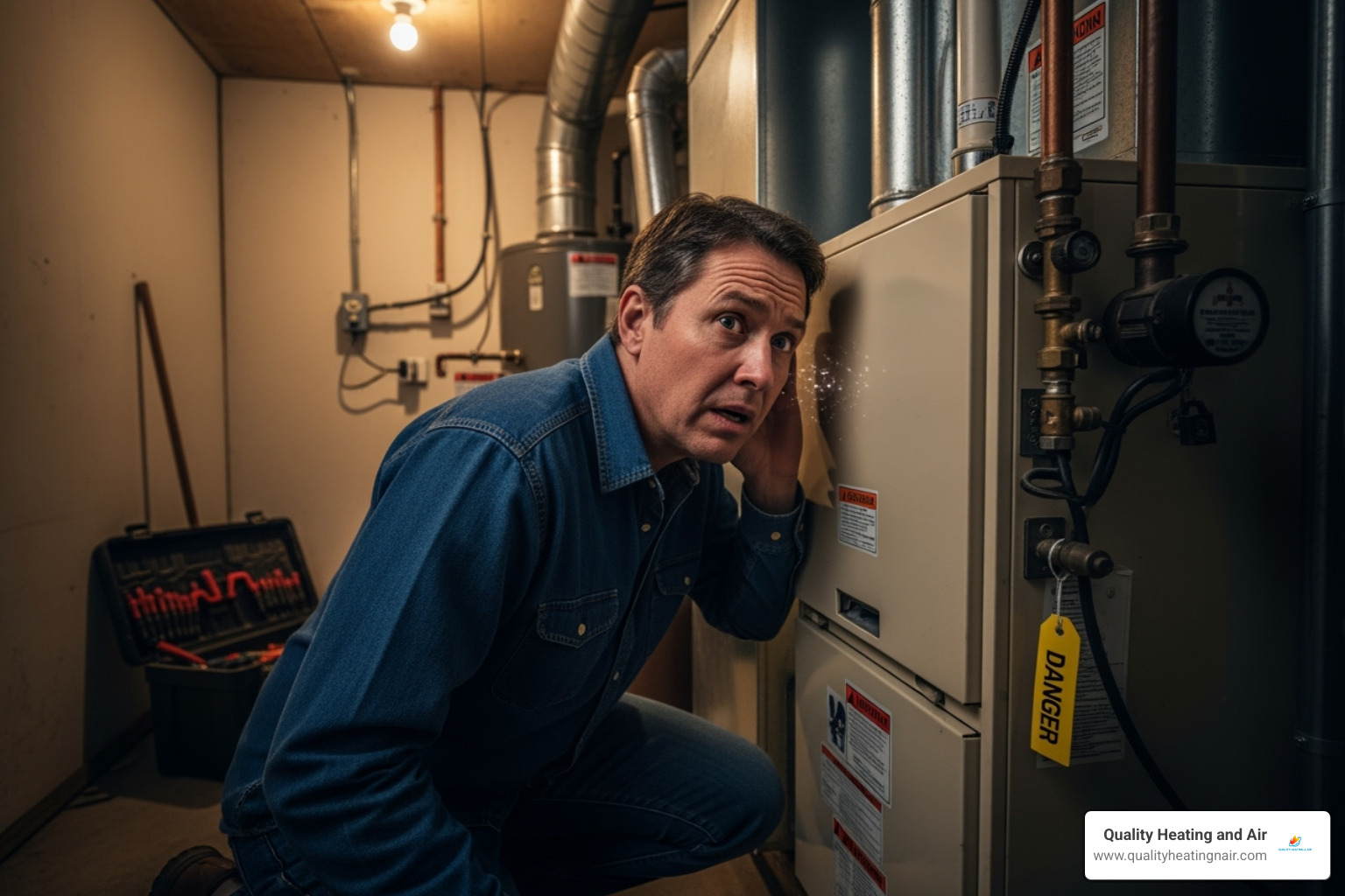 a homeowner listening to a noisy furnace with a concerned expression - certified furnace technician in thornton co