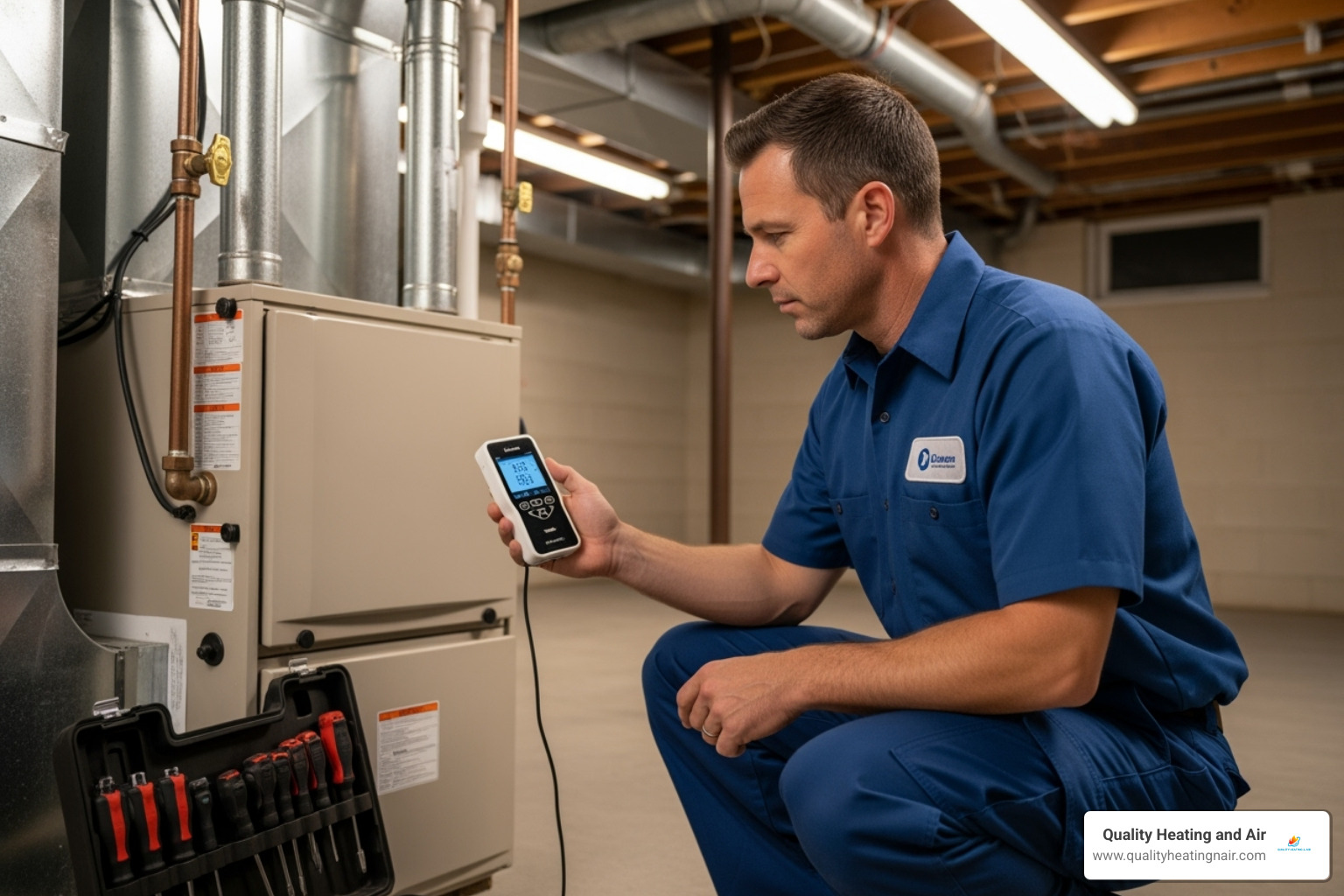 a technician using a device to test for carbon monoxide near a furnace - certified furnace technician in thornton co