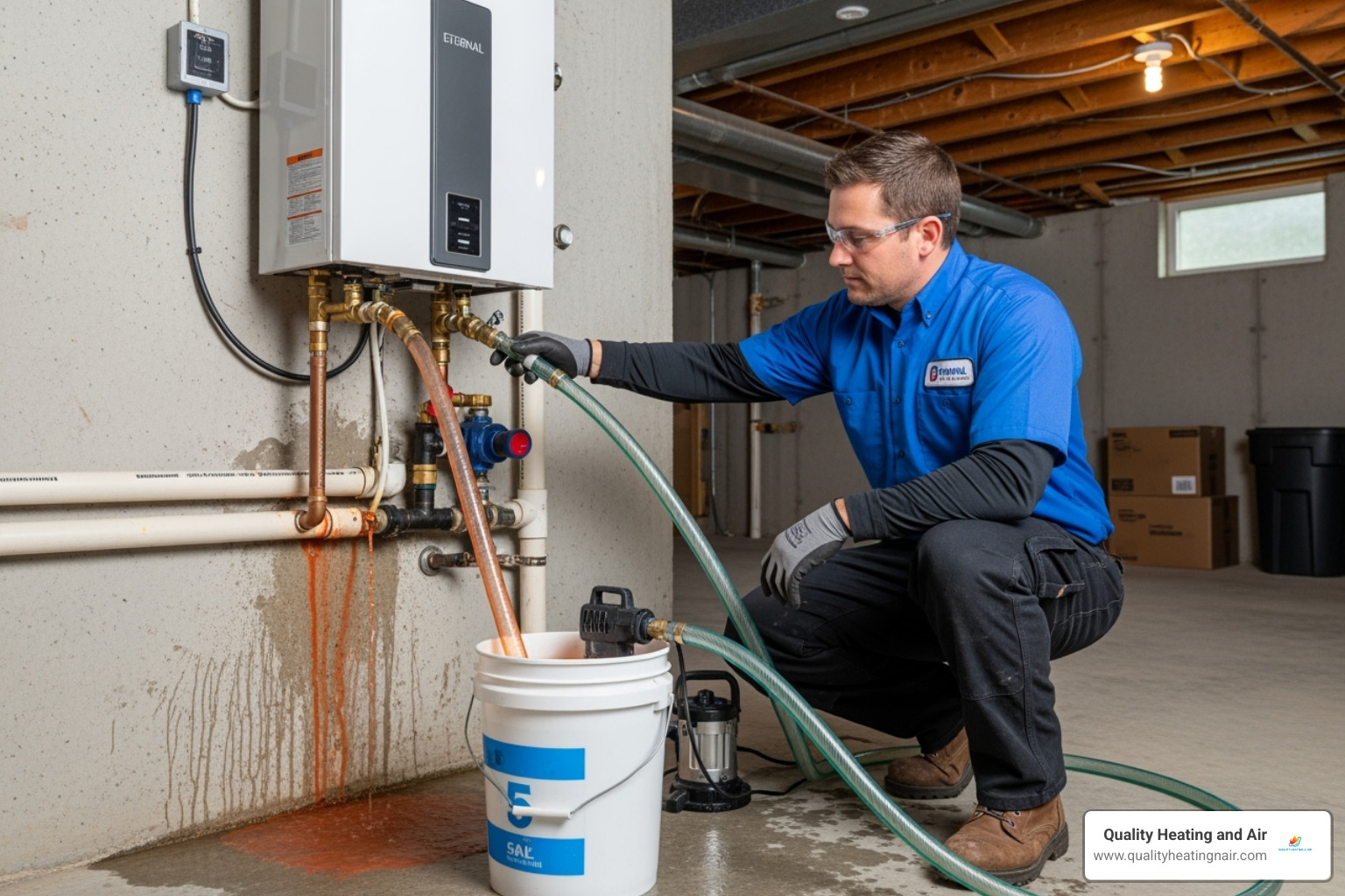 a technician flushing a tankless water heater - emergency water heater repair in clayton co