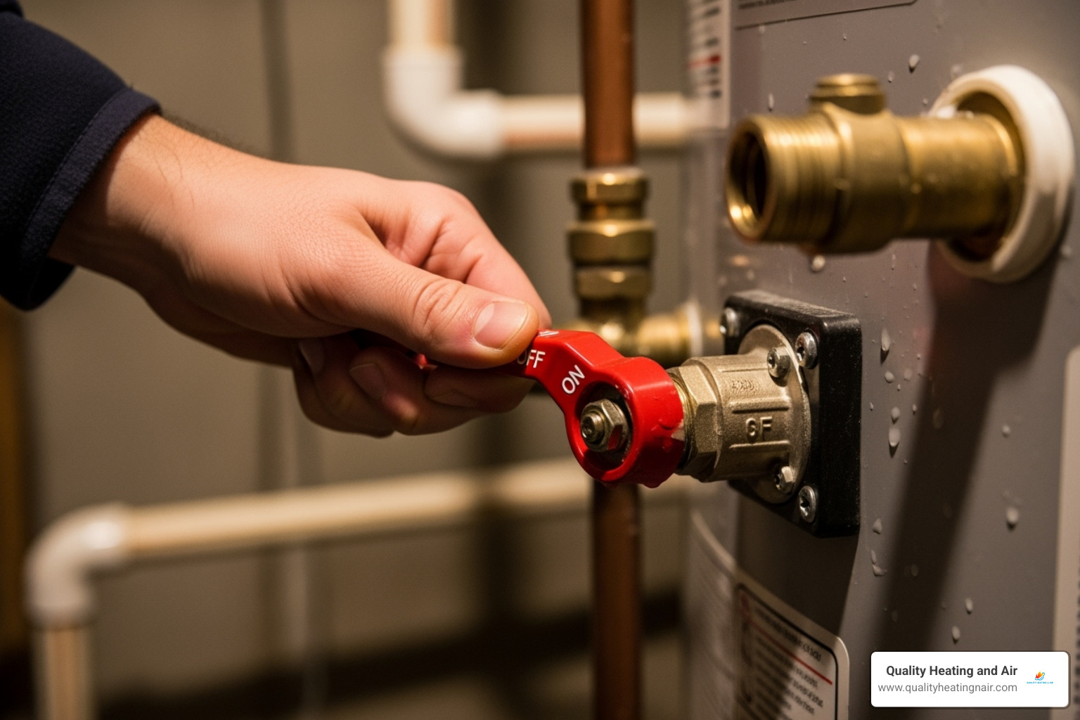 a hand turning the shut-off valve on a water heater - emergency water heater repair in clayton co