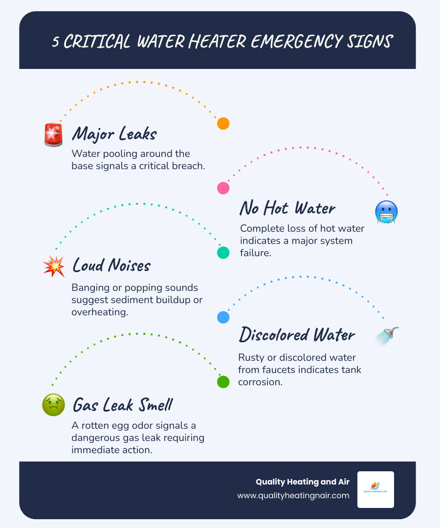 Infographic showing five critical water heater emergency signs: major water leaks pooling around the base, complete loss of hot water throughout the home, loud banging or popping sounds from the tank, rusty or discolored water from faucets, and rotten egg smell indicating gas leak, with red warning icons and immediate action steps for each - emergency water heater repair in clayton co infographic infographic-line-5-steps-blues-accent_colors