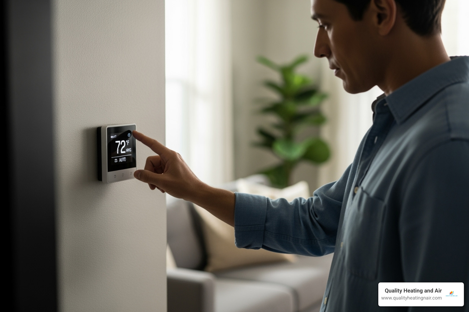 person checking a home thermostat - furnace broken in thornton co