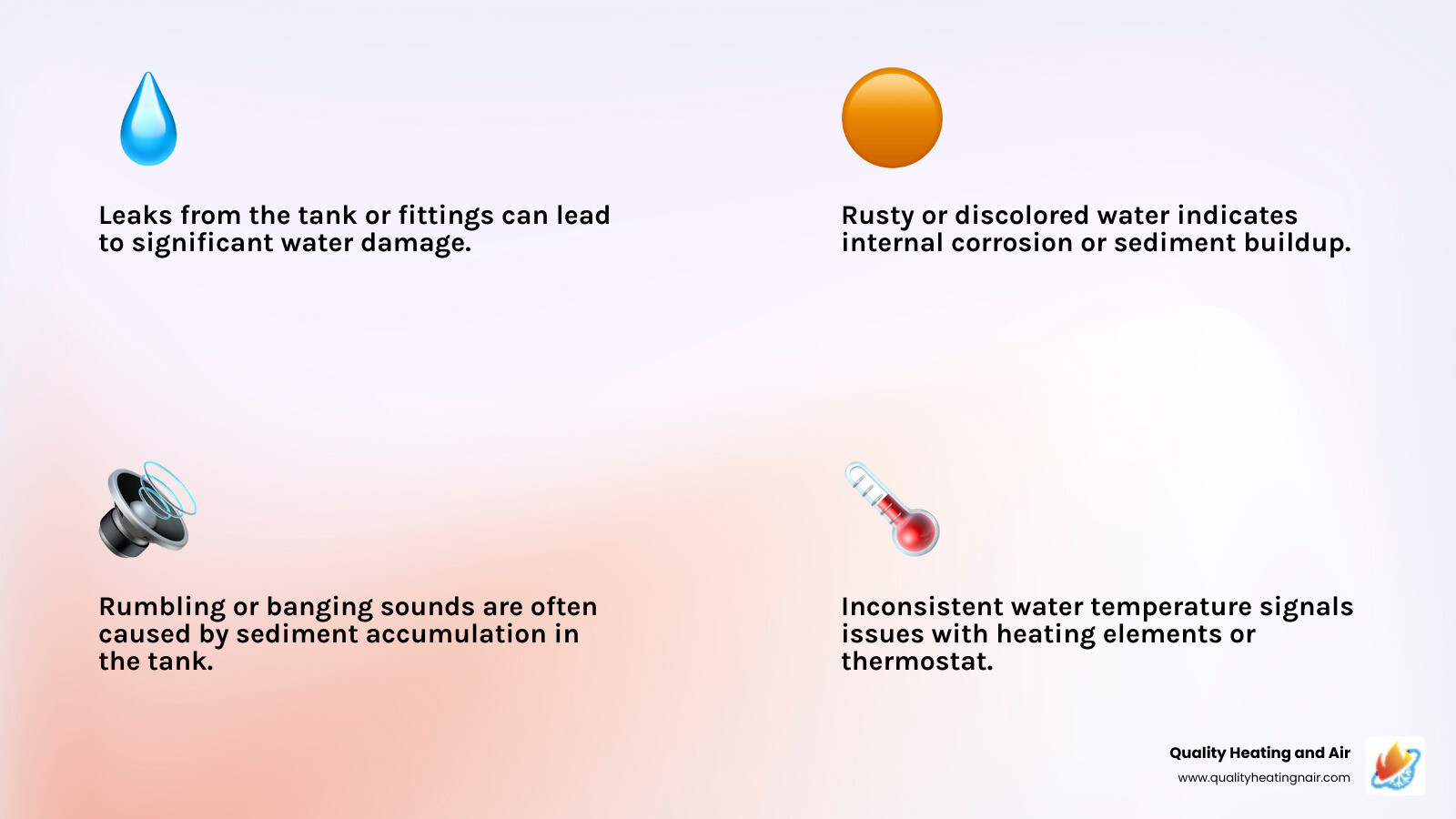 infographic showing five warning signs your water heater is failing: rusty or discolored water, rumbling or banging sounds from the tank, leaks at the base or fittings, inconsistent water temperature, and water taking too long to heat - best water heater company in applewood co infographic 4_facts_emoji_light-gradient