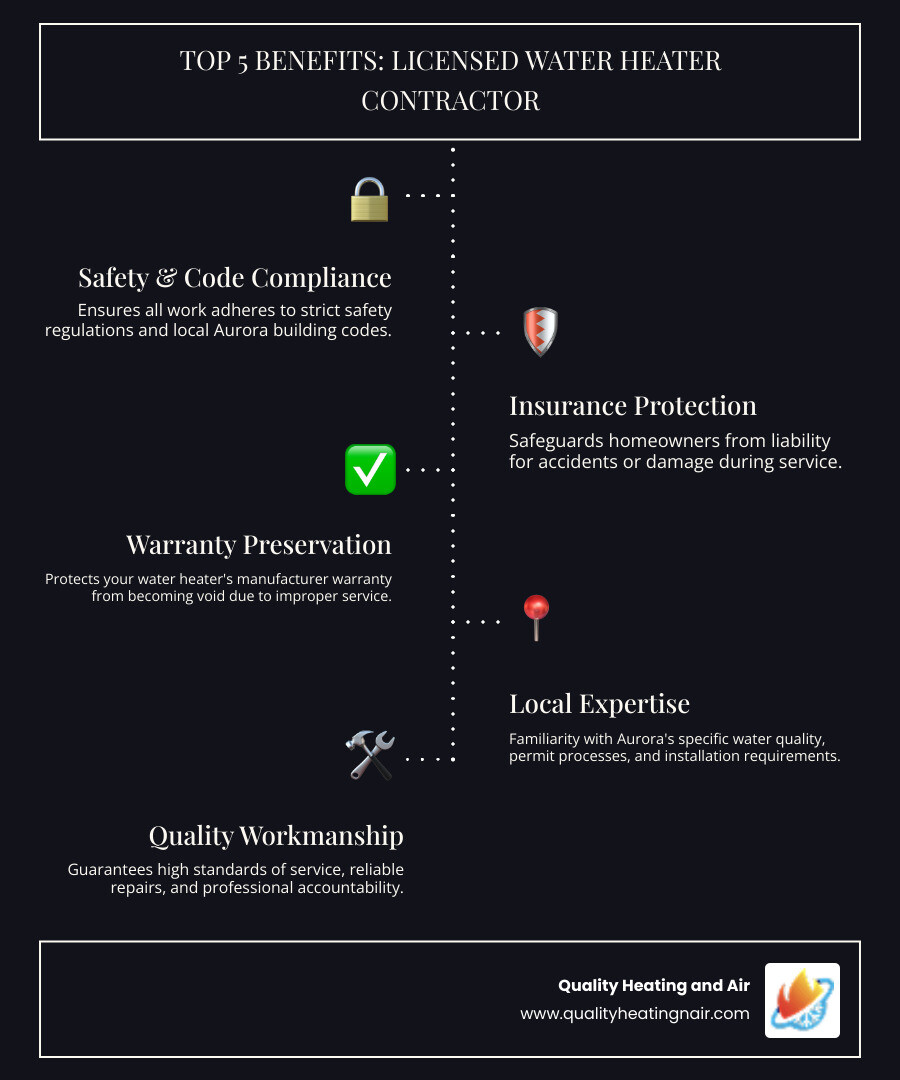 Infographic showing the top 5 benefits of hiring a licensed water heater contractor: 1) Guaranteed safety and code compliance, 2) Insurance protection against accidents and damage, 3) Manufacturer warranty preservation, 4) Expert knowledge of Aurora building requirements, 5) Accountability and quality workmanship standards - licensed water heater contractor in aurora co infographic infographic-line-5-steps-dark