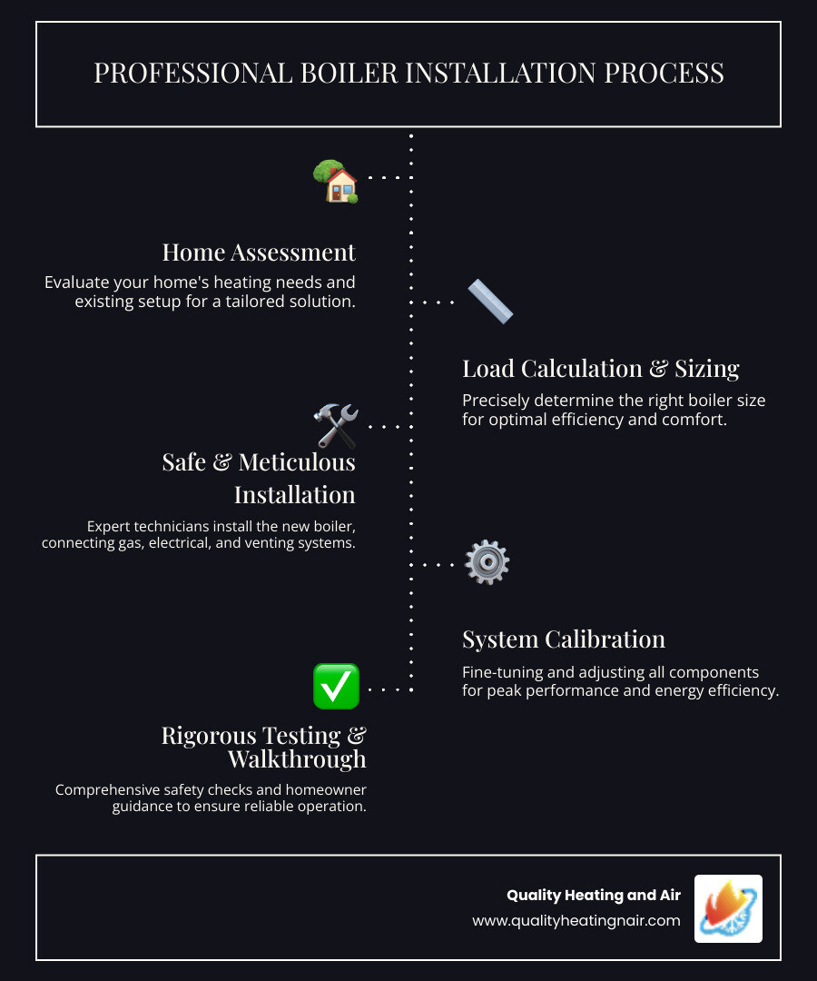 infographic showing the steps of professional boiler installation including home assessment, load calculation, proper sizing, safe installation with gas and electrical connections, system calibration, and final testing - best boiler installation in eastlake, co infographic infographic-line-5-steps-dark