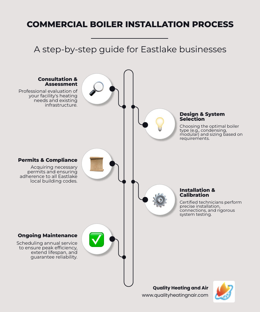 Infographic showing commercial boiler installation process: 1) Initial consultation and building assessment, 2) System design and equipment selection, 3) Permit acquisition and code compliance, 4) Professional installation by certified technicians, 5) System testing and calibration, 6) Ongoing maintenance schedule - commercial boiler installation in eastlake, co infographic infographic-line-5-steps-elegant_beige