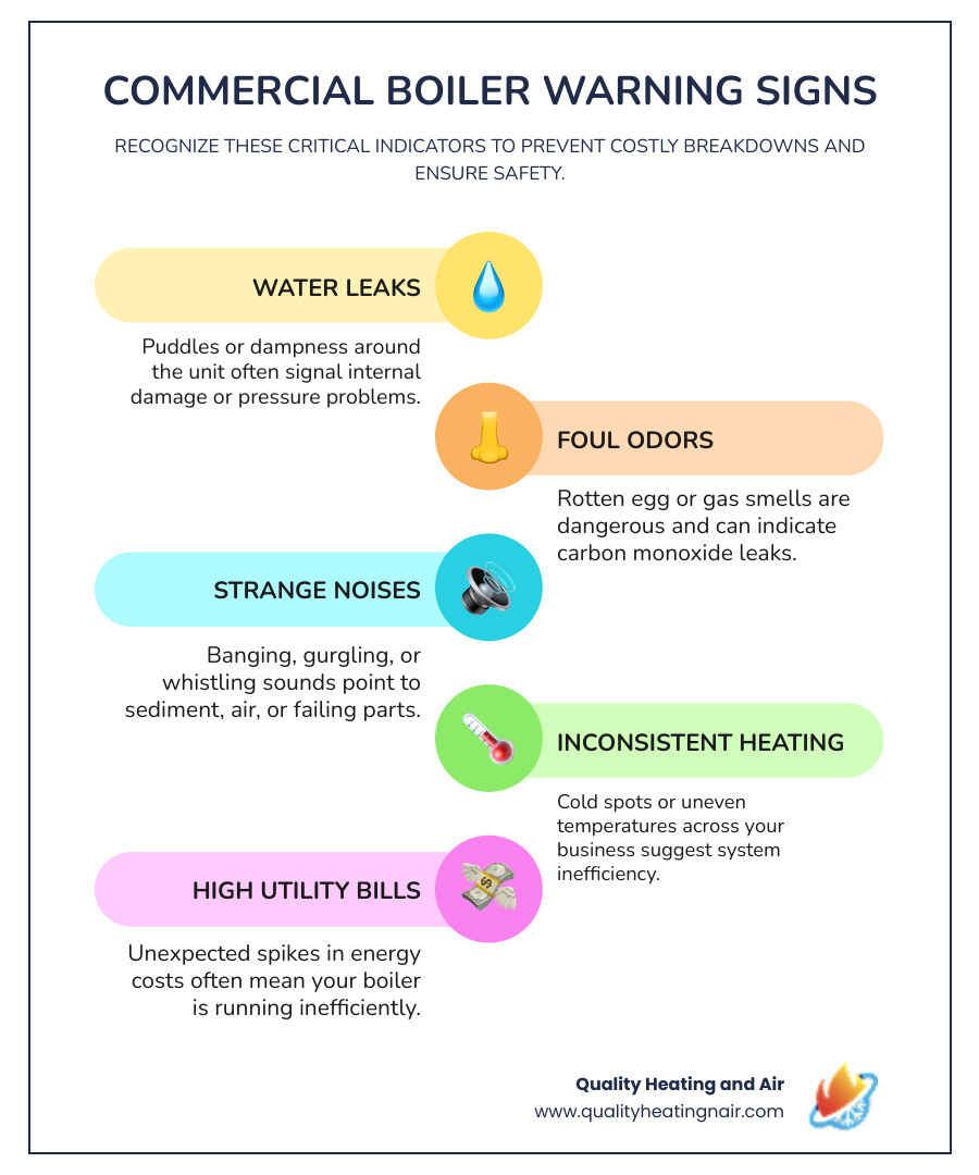 infographic showing the warning signs of commercial boiler failure including visual indicators of leaks around the base, sound wave symbols representing banging and gurgling noises, thermometer icons showing inconsistent temperatures, a gauge displaying high utility costs, and warning symbols for foul odors with carbon monoxide alerts - commercial boiler repair in brighton, co infographic infographic-line-5-steps-colors