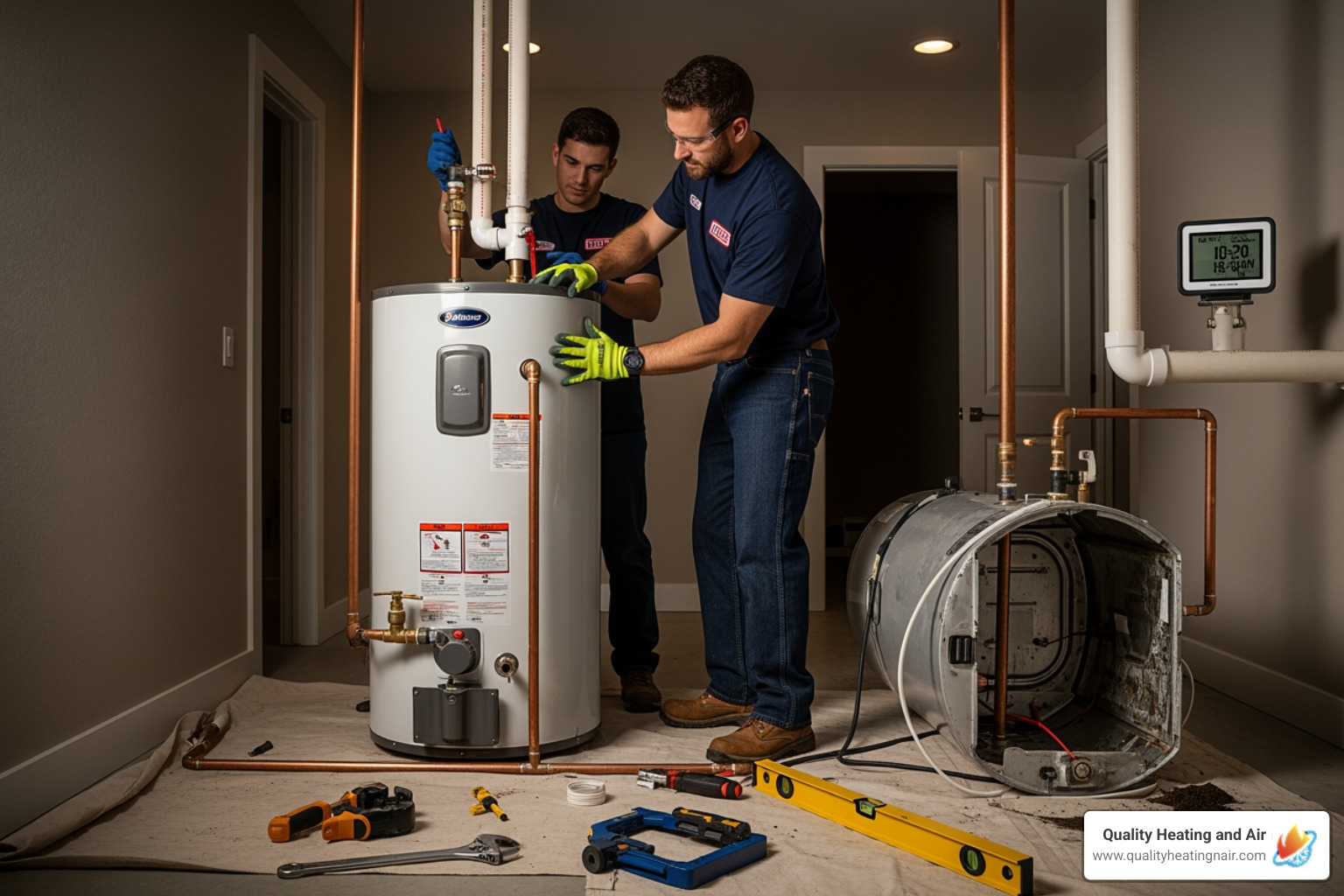 Infographic showing five warning signs of water heater failure: visible water pooling at base, age over 10-15 years, rusty or discolored water from taps, loud rumbling or banging noises from tank, and inconsistent water temperature or no hot water - 24 hour water heater installation in westminster, co