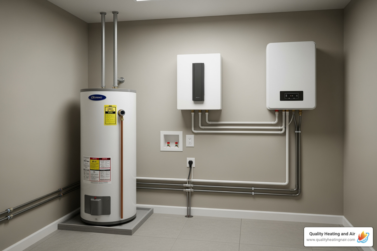 Infographic comparing traditional tank water heaters and tankless water heaters side by side, showing tank heater with 30-80 gallon storage capacity lasting 8-12 years versus compact wall-mounted tankless unit lasting 15-20+ years, including visual representation of energy consumption differences and flow rates - water heaters in broomfield co