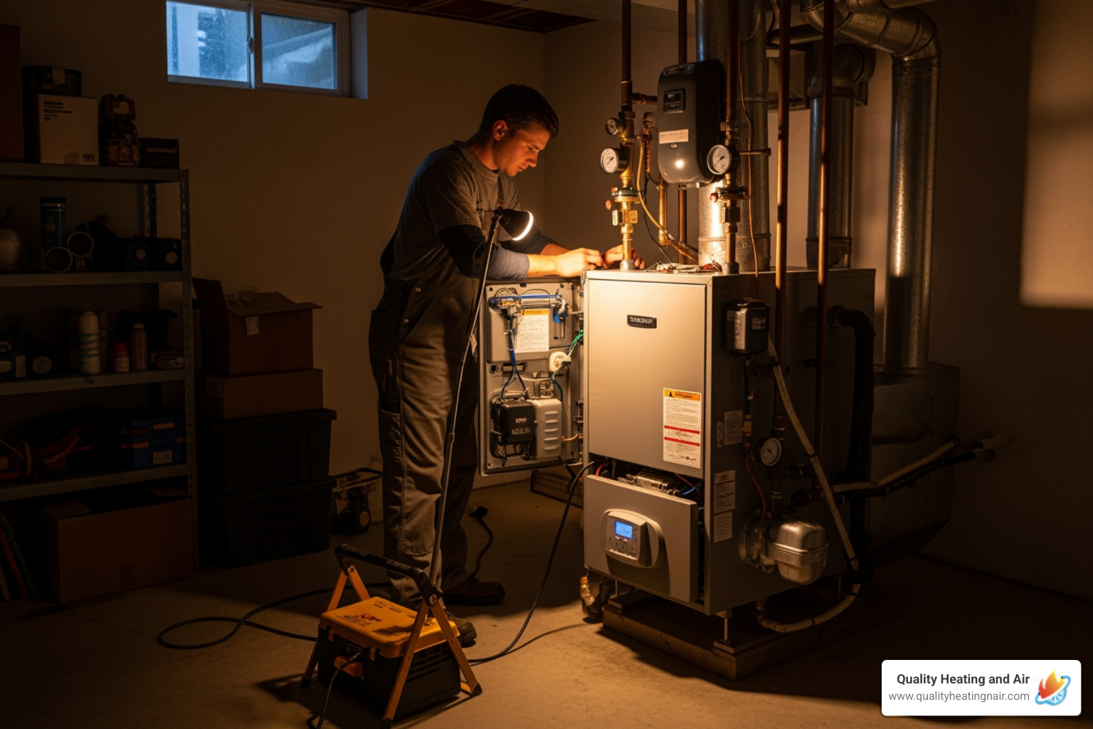 infographic showing five warning signs requiring emergency boiler service: no heat or hot water, unusual noises like banging or whistling, visible water leaks around the unit, gas or strange odors, and carbon monoxide detector alarm - 24 hour boiler service in westminster, co