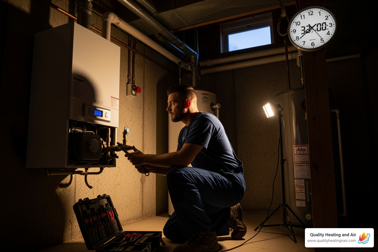 infographic showing top 5 signs a boiler needs immediate emergency repair including no heat, gas smell, major water leak, strange loud noises, and carbon monoxide detector alarm - 24 hour boiler service in brighton, co