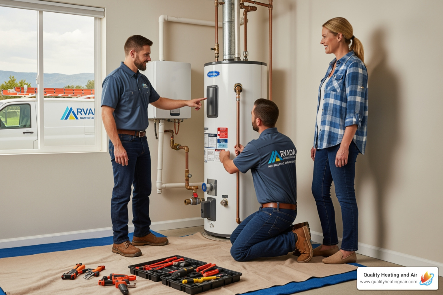 Infographic showing the 5 key warning signs your water heater needs service: 1. No hot water or inconsistent temperatures, 2. Leaking tank or pooling water, 3. Strange popping or banging noises from sediment buildup, 4. Rusty or discolored water coming from taps, 5. Sudden spike in energy bills indicating inefficiency - local water heater company in arvada co