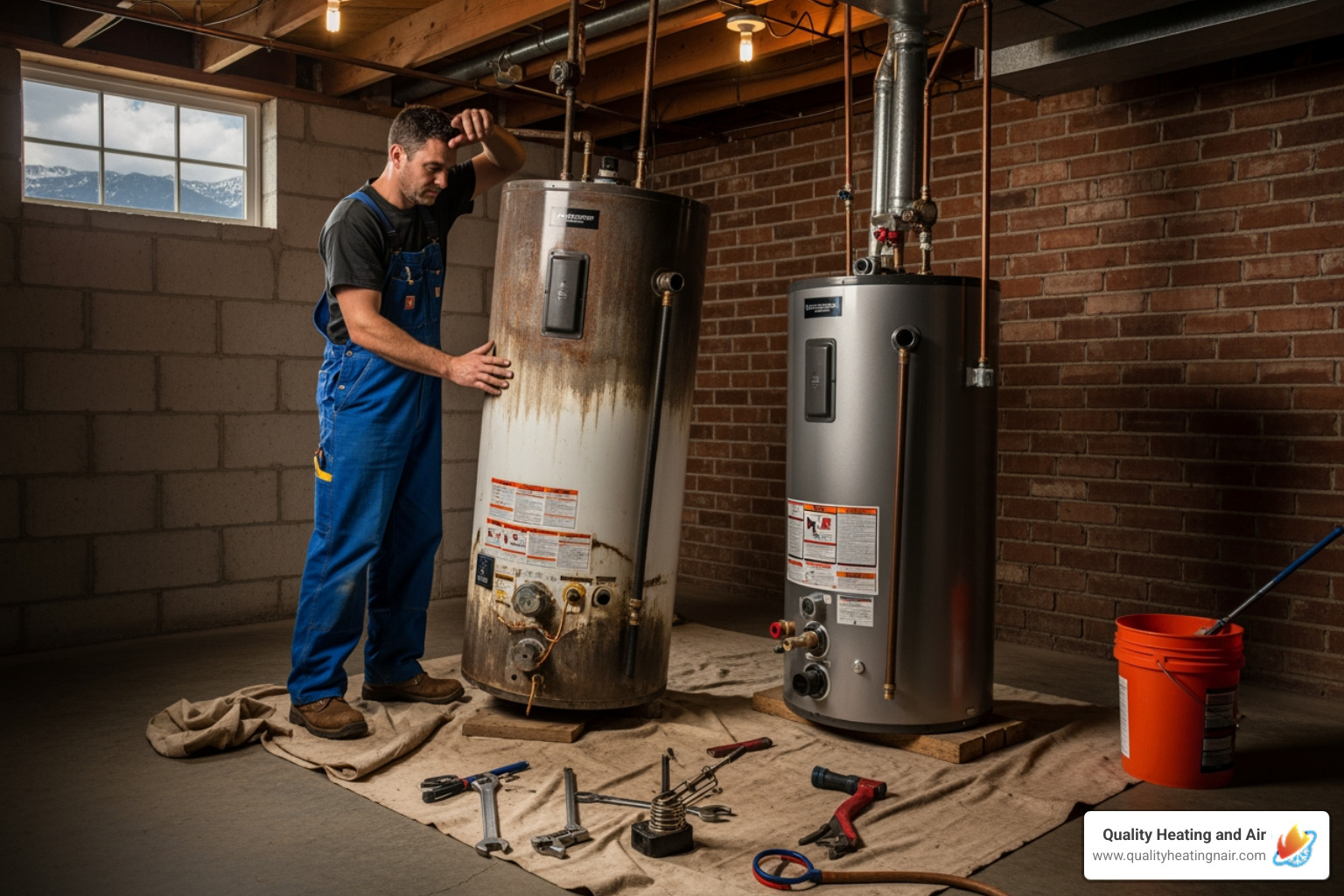 Infographic showing the 5 key warning signs your water heater needs replacement: water heater age exceeds 10-12 years, inconsistent or lukewarm water temperatures, loud rumbling or popping noises from the tank, visible water leaks or moisture pooling around the base, and rusty or foul-smelling hot water from faucets - water heater replacement in longmont co