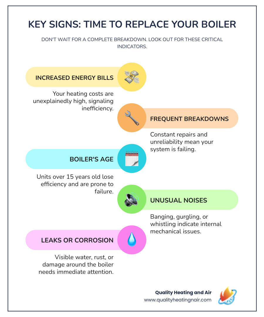 Infographic showing the top signs you need a new boiler: frequent breakdowns, rising energy bills, boiler age over 15 years, strange noises, visible leaks or corrosion, and inconsistent heating throughout your home - boiler installation company in brighton, co infographic infographic-line-5-steps-colors