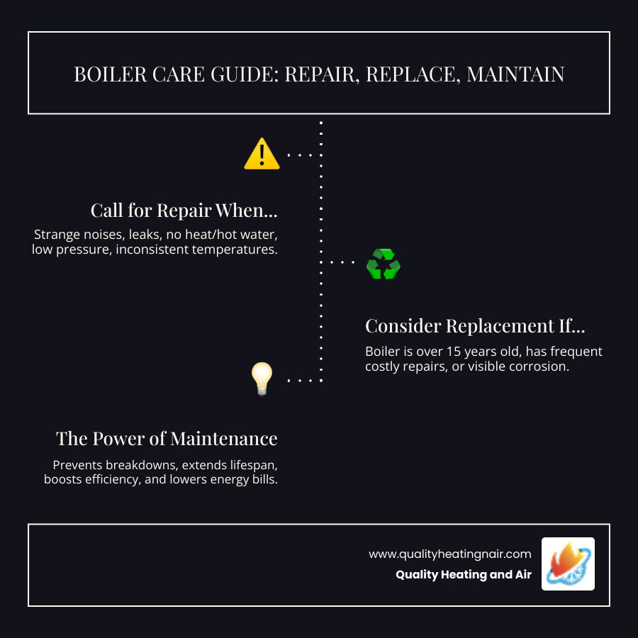 infographic showing when to call for boiler repair versus replacement, including warning signs like strange noises, leaks, age over 15 years, and frequent breakdowns, plus benefits of professional maintenance - best boiler repair in brighton, co infographic infographic-line-3-steps-dark