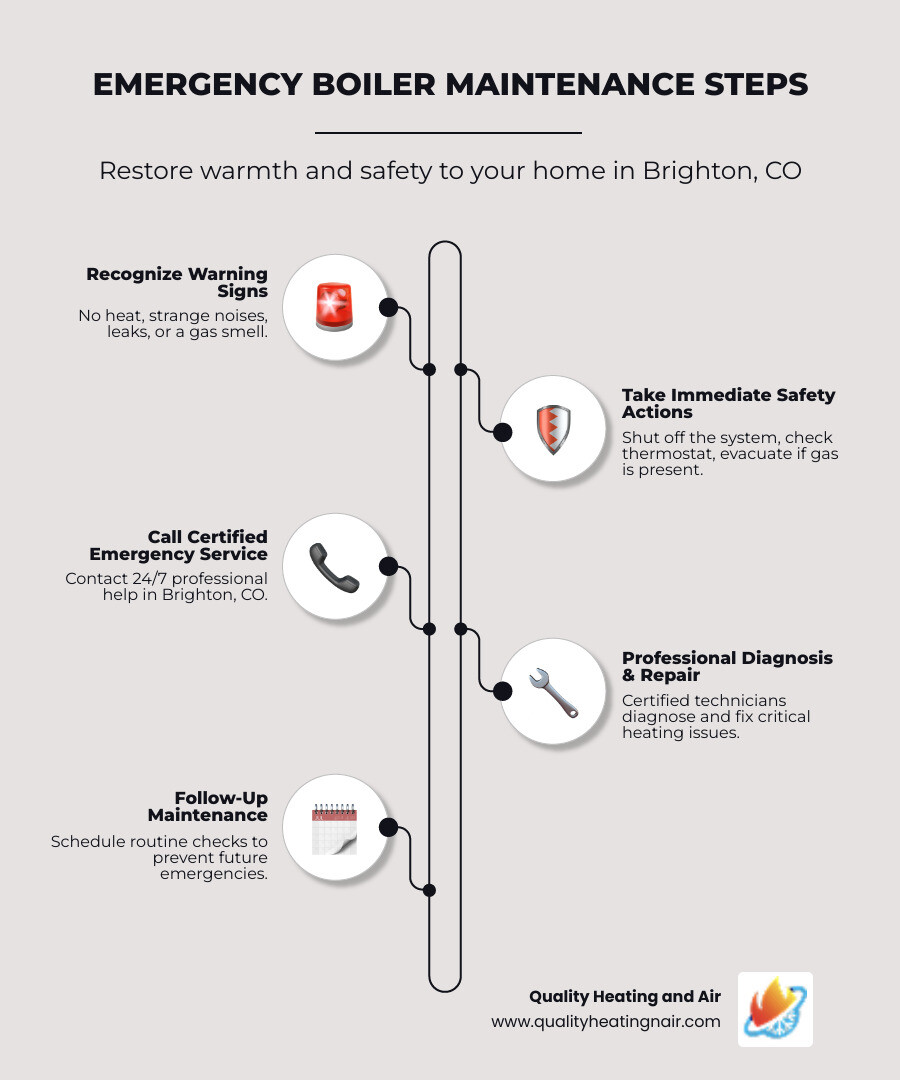 Infographic showing emergency boiler maintenance steps: 1) Recognize warning signs (no heat, strange noises, leaks, gas smell) 2) Take immediate safety actions (shut off system, check thermostat, evacuate if gas smell) 3) Call certified emergency service 4) Professional diagnosis and repair 5) Follow-up maintenance schedule - emergency boiler maintenance in brighton, co Infographic showing emergency boiler maintenance steps: 1) Recognize warning signs (no heat, strange noises, leaks, gas smell) 2) Take immediate safety actions (shut off system, check thermostat, evacuate if gas smell) 3) Call certified emergency service 4) Professional diagnosis and repair 5) Follow-up maintenance schedule - emergency boiler maintenance in brighton, co