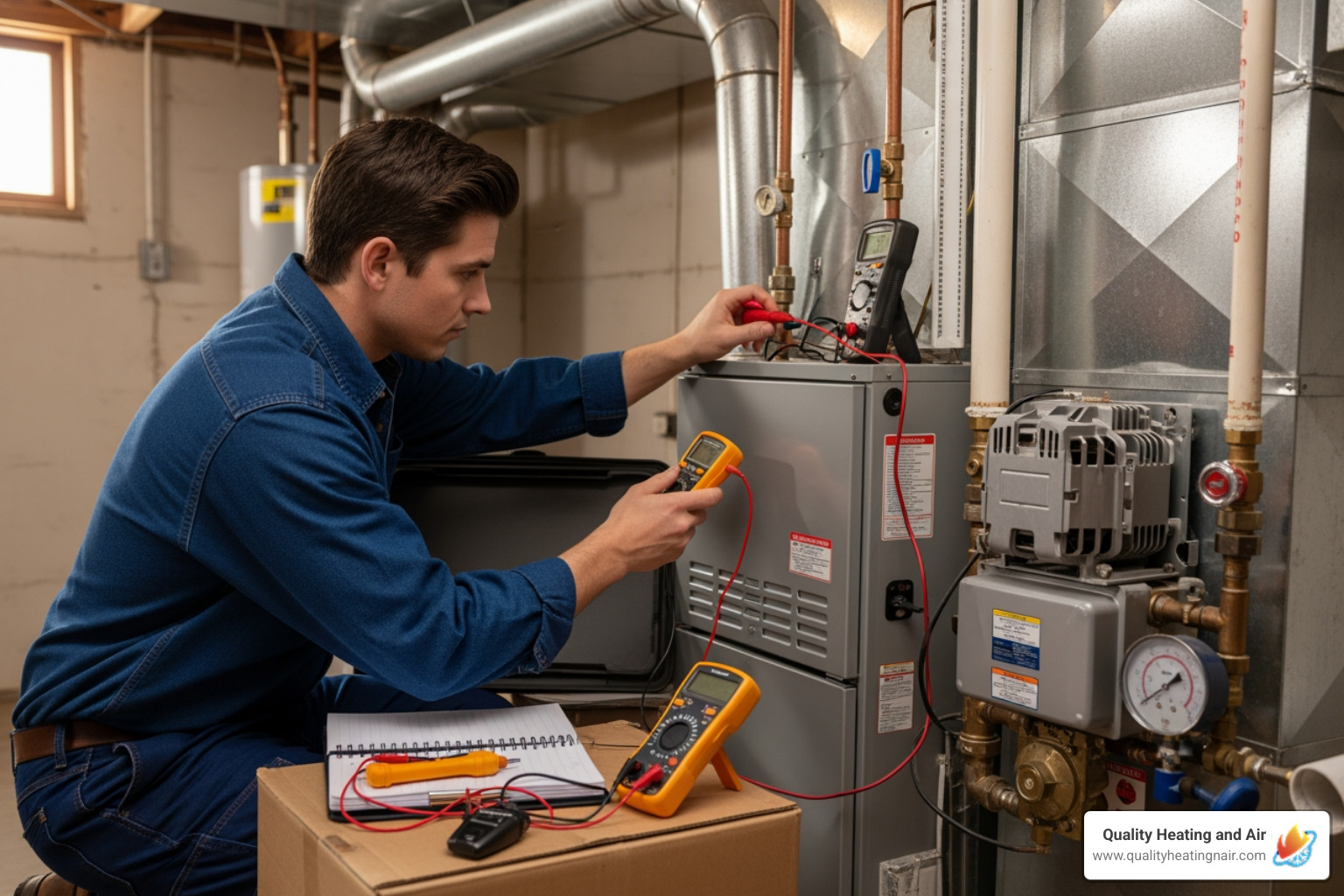 Infographic showing the complete furnace maintenance process including filter inspection and replacement, thermostat calibration, burner cleaning, electrical connection testing, blower motor inspection, heat exchanger safety check, gas pressure measurement, and igniter and flame sensor testing with recommended annual fall scheduling - furnace maintenance in far horizons co