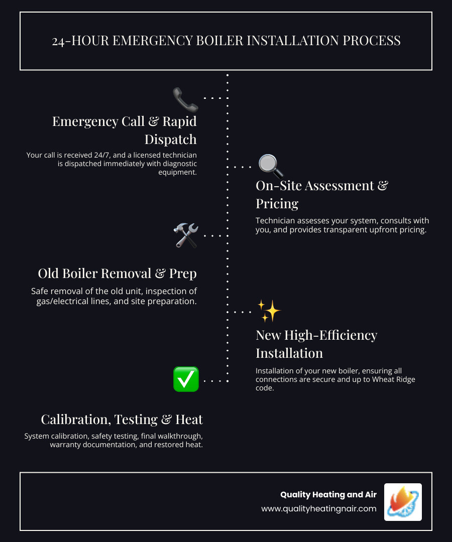 Infographic showing 24-hour emergency boiler installation process: 1. Emergency call received and dispatcher responds immediately, 2. Licensed technician arrives with diagnostic equipment within hours, 3. System assessment and customer consultation with transparent pricing, 4. Old boiler removal and site preparation, 5. Gas line and electrical connection inspection, 6. New high-efficiency boiler installation, 7. System calibration and safety testing, 8. Final walkthrough and warranty documentation - Total timeline: 1-2 days from initial contact to restored heat - 24 hour boiler installation in wheat ridge, co infographic infographic-line-5-steps-dark Infographic showing 24-hour emergency boiler installation process: 1. Emergency call received and dispatcher responds immediately, 2. Licensed technician arrives with diagnostic equipment within hours, 3. System assessment and customer consultation with transparent pricing, 4. Old boiler removal and site preparation, 5. Gas line and electrical connection inspection, 6. New high-efficiency boiler installation, 7. System calibration and safety testing, 8. Final walkthrough and warranty documentation - Total timeline: 1-2 days from initial contact to restored heat - 24 hour boiler installation in wheat ridge, co infographic infographic-line-5-steps-dark