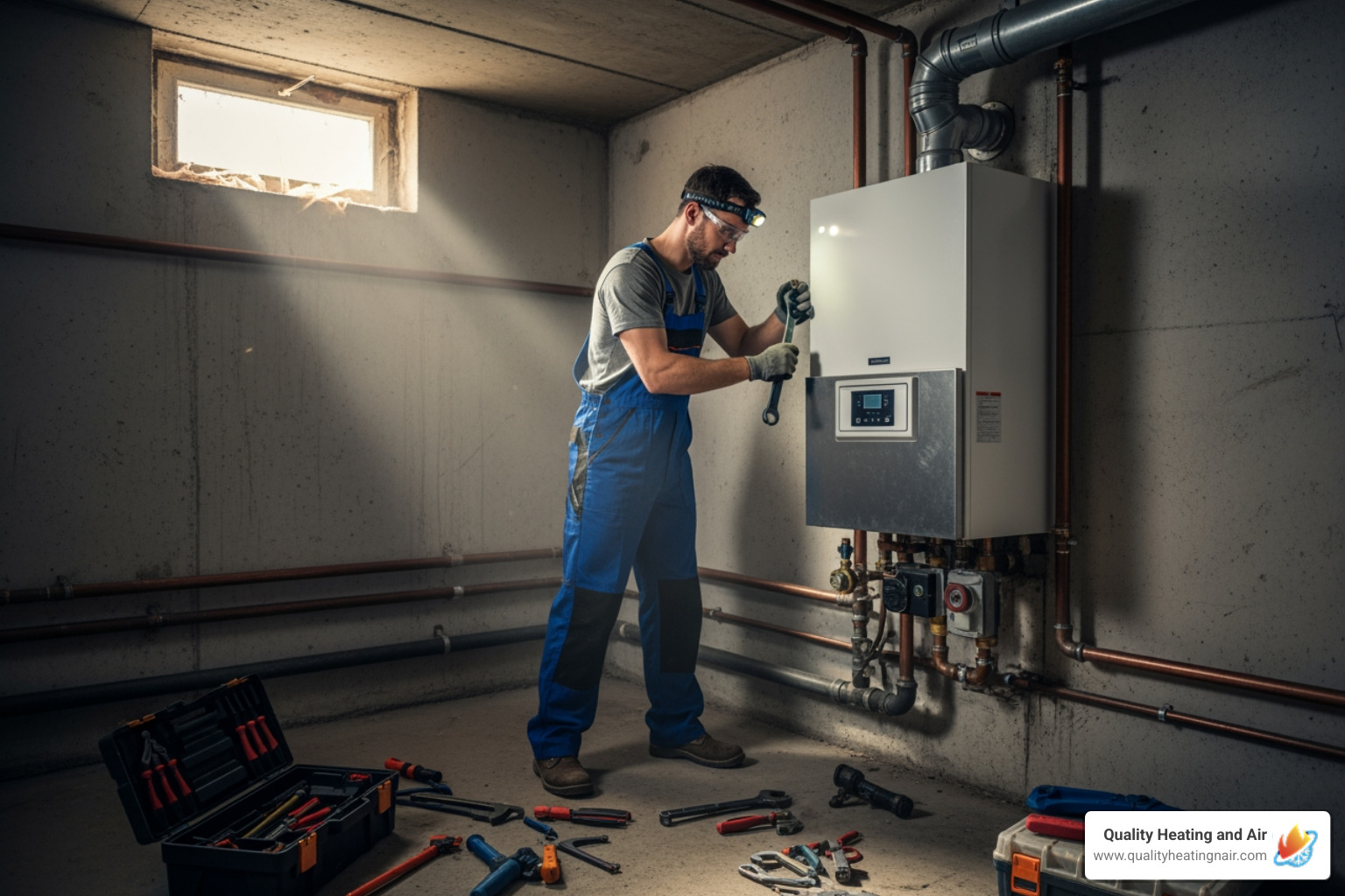 Infographic showing the top signs you need emergency boiler replacement: complete system failure with no heat, visible water leaks pooling around the unit, loud banging or unusual noises, boiler age exceeding 15 years, carbon monoxide detector alarm, and error codes indicating major component failure - emergency boiler installation in brighton, co