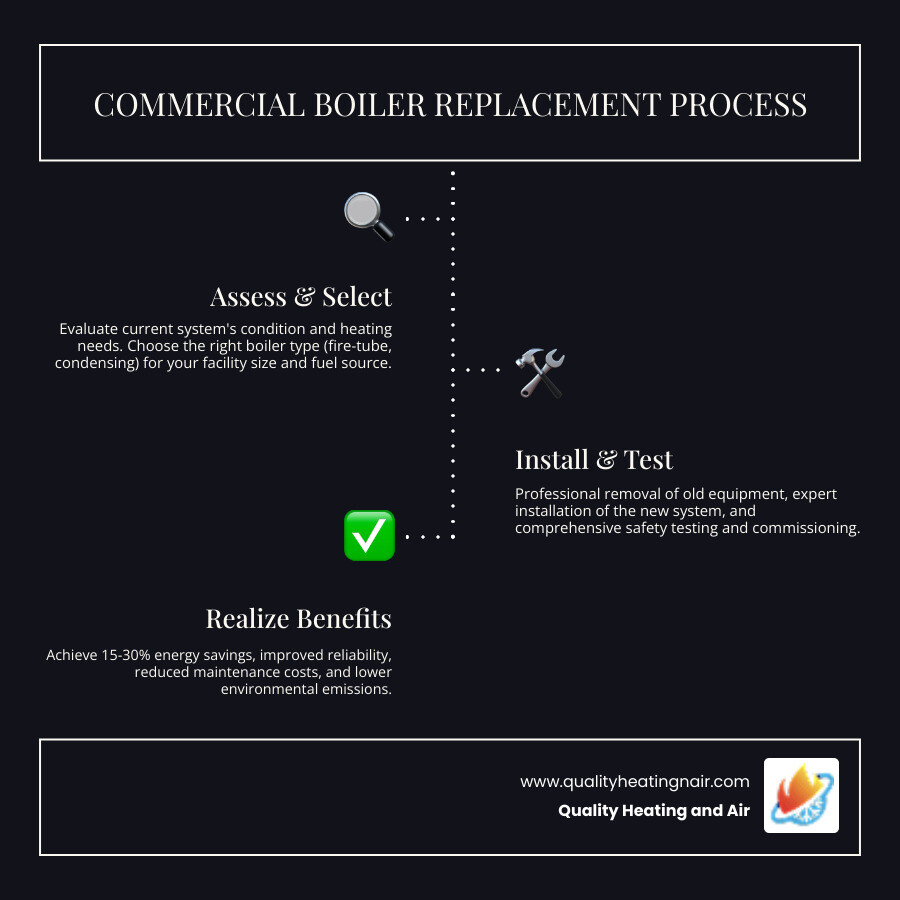 Infographic showing the commercial boiler replacement timeline from initial assessment through system selection, removal of old equipment, professional installation, safety testing, and ongoing maintenance planning, with efficiency improvement ranges and typical project duration - commercial boiler replacement in westminster hills, co infographic infographic-line-3-steps-dark Infographic showing the commercial boiler replacement timeline from initial assessment through system selection, removal of old equipment, professional installation, safety testing, and ongoing maintenance planning, with efficiency improvement ranges and typical project duration - commercial boiler replacement in westminster hills, co infographic infographic-line-3-steps-dark