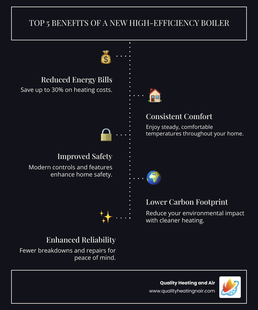 infographic showing five key benefits of installing a new high-efficiency boiler: reduced energy bills by up to 30%, consistent comfortable temperatures throughout the home, improved safety with modern controls, lower carbon footprint and environmental impact, and enhanced reliability with fewer breakdowns and repairs - boiler replacement company in brighton, co infographic infographic-line-5-steps-dark