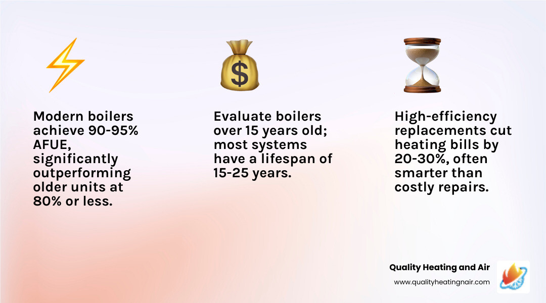 infographic showing boiler AFUE efficiency ratings comparison between 80% standard efficiency and 95% high-efficiency condensing boilers, with annual fuel cost savings breakdown and environmental impact reduction in carbon emissions - affordable boiler replacement in westminster hills, co infographic 3_facts_emoji_light-gradient