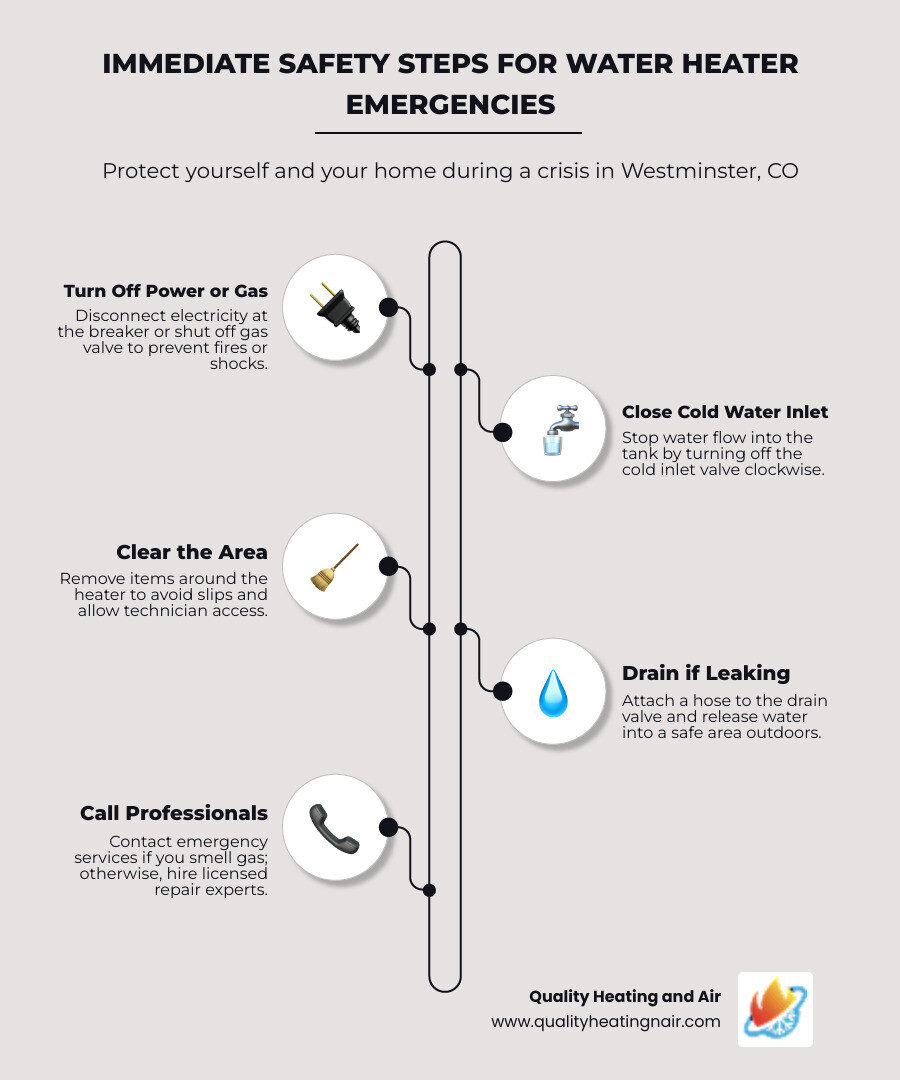 Immediate safety steps infographic for water heater leaks and emergencies in Westminster CO - emergency water heater repair Immediate safety steps infographic for water heater leaks and emergencies in Westminster CO - emergency water heater repair