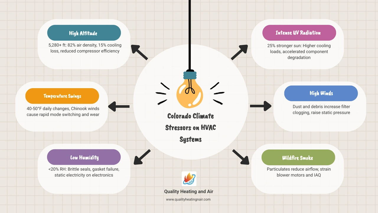 Infographic showing Colorado climate stressors on HVAC systems: altitude, temperature swings, low humidity, UV radiation Infographic showing Colorado climate stressors on HVAC systems: altitude, temperature swings, low humidity, UV radiation