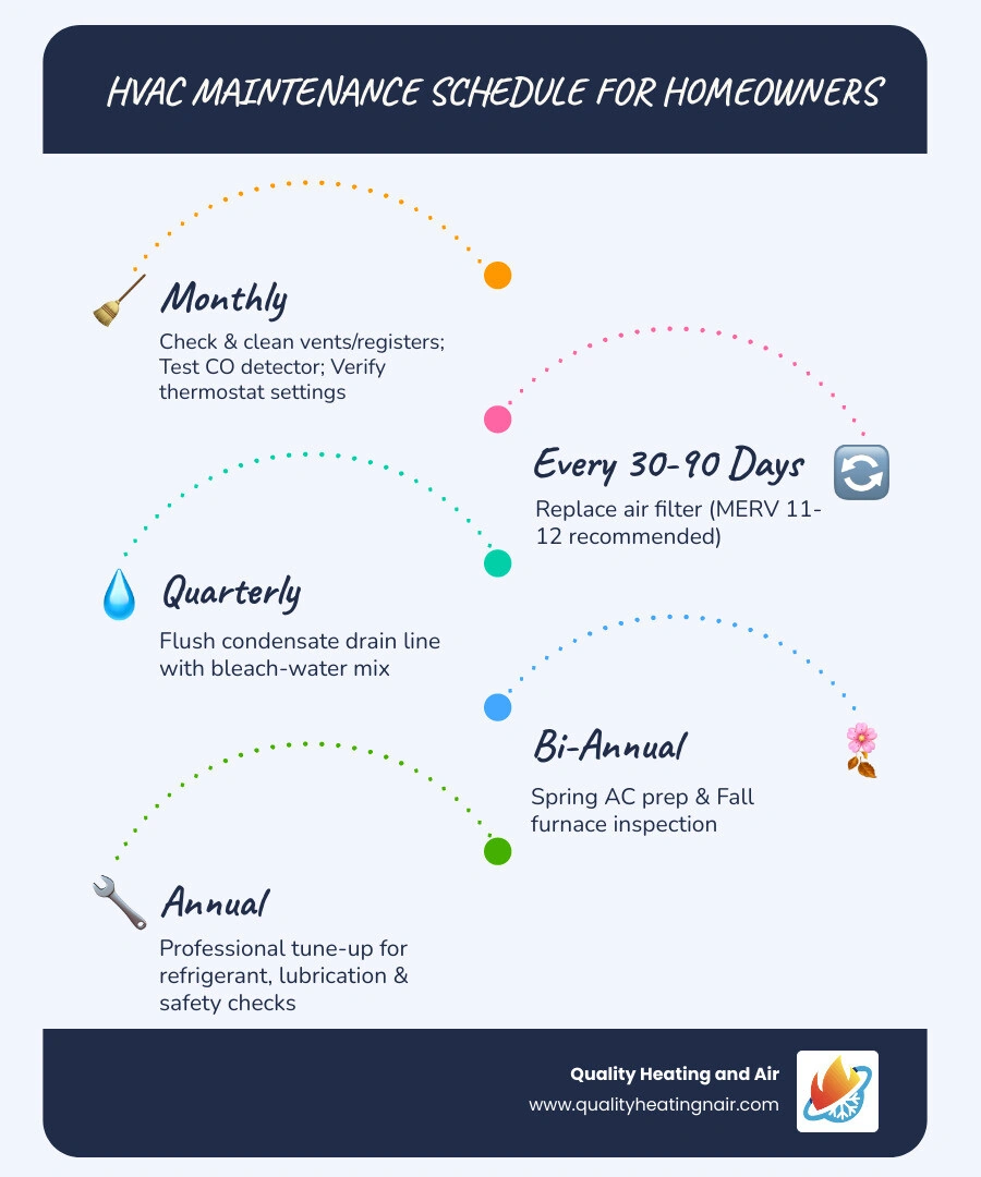 Infographic showing monthly, quarterly, seasonal, and annual HVAC maintenance tasks for homeowners - hvac maintenance tips Infographic showing monthly, quarterly, seasonal, and annual HVAC maintenance tasks for homeowners - hvac maintenance tips