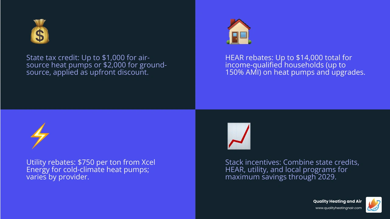 Infographic showing how Colorado heat pump incentives stack: state tax credit, HEAR rebate, utility rebate, and local