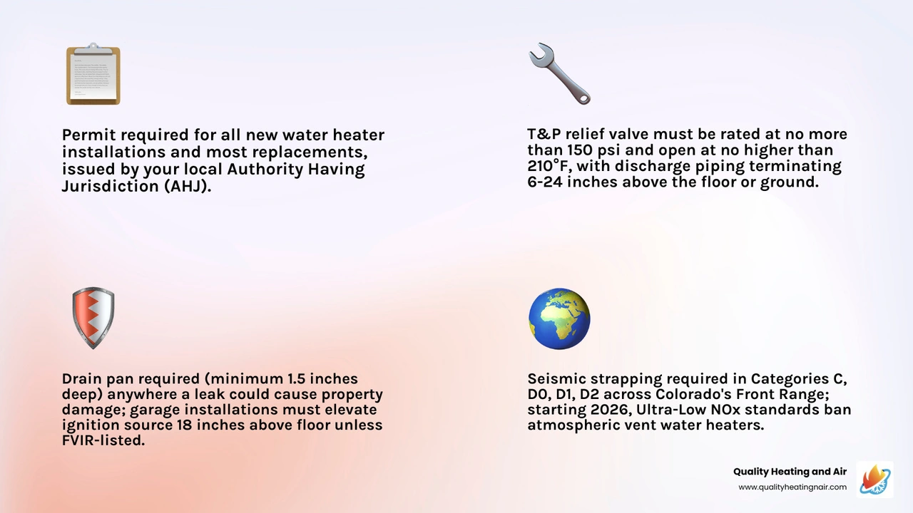 Infographic summarizing Colorado water heater code requirements including permits, T&P valves, drain pans, seismic