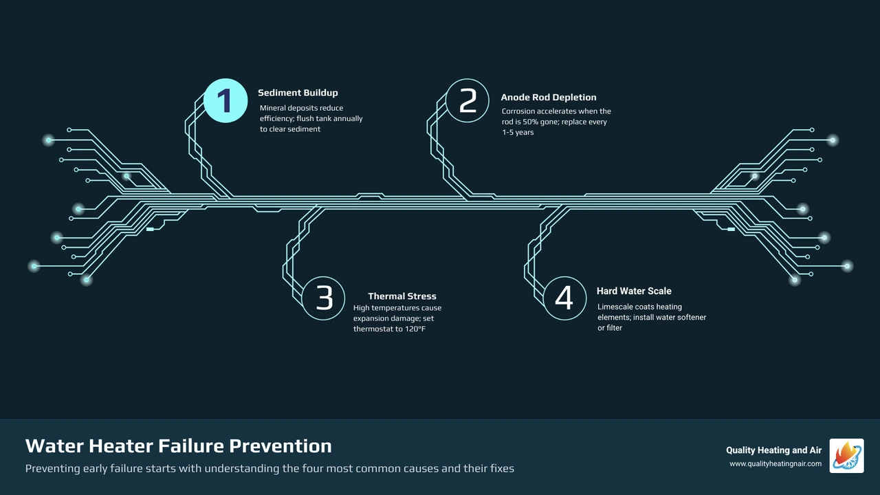 Infographic showing main causes of early water heater failure and how to prevent each one infographic Infographic showing main causes of early water heater failure and how to prevent each one infographic
