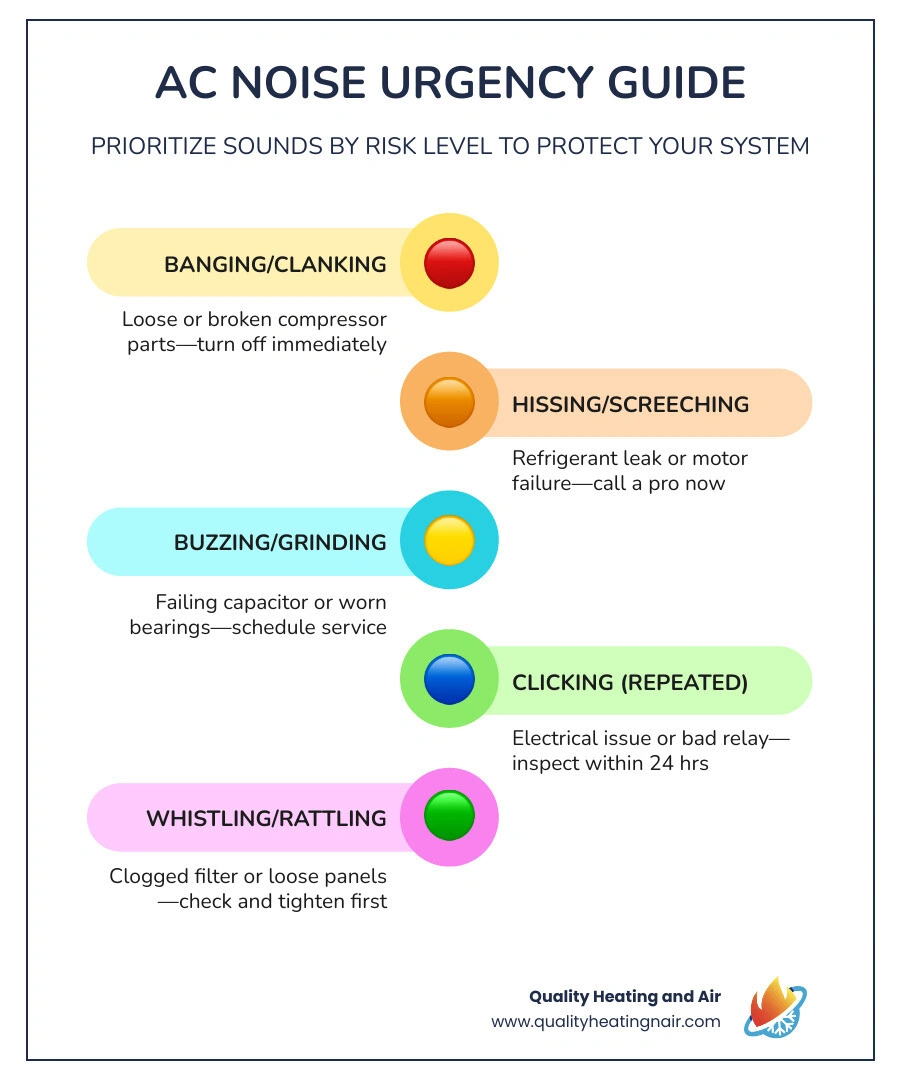 Common AC strange noises guide showing sound types, causes, and urgency levels for homeowners infographic Common AC strange noises guide showing sound types, causes, and urgency levels for homeowners infographic