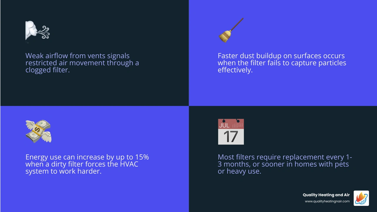 Infographic showing 8 signs your air filter needs changing and recommended replacement frequency infographic