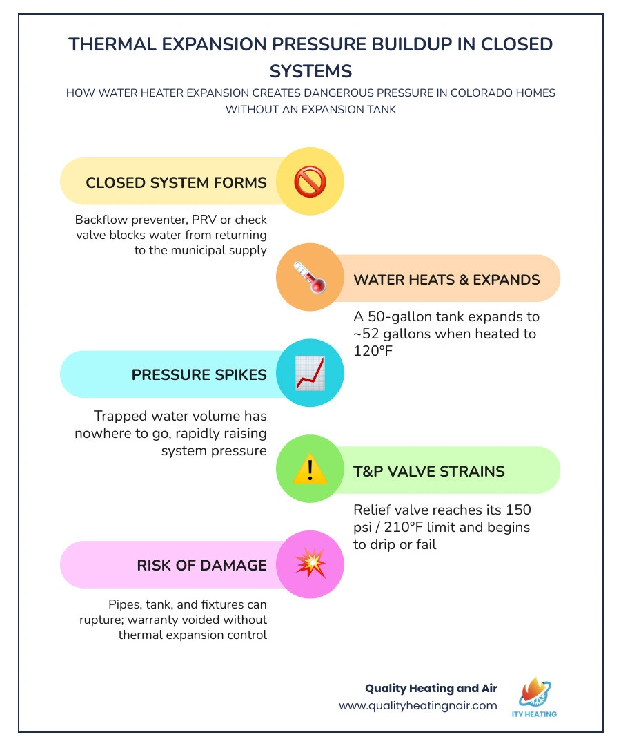 Infographic showing how thermal expansion builds pressure in a closed plumbing system and why an expansion tank is required Infographic showing how thermal expansion builds pressure in a closed plumbing system and why an expansion tank is required