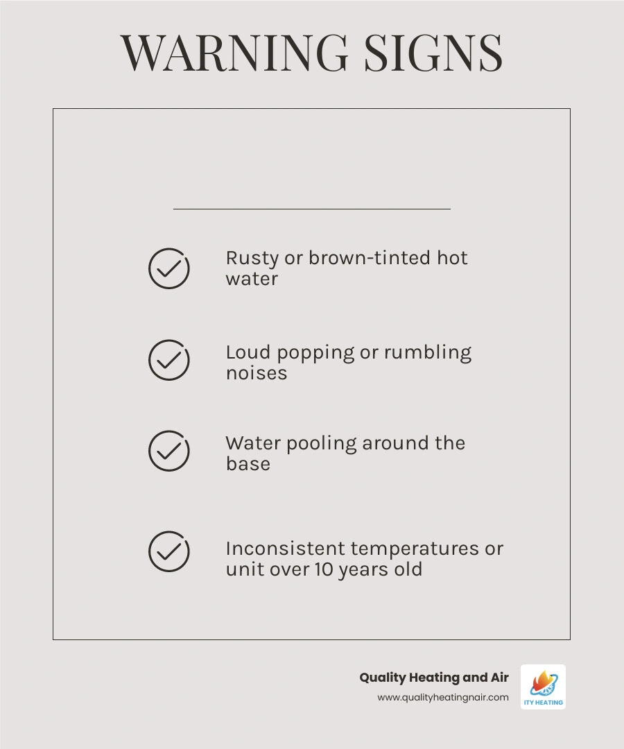 Infographic showing 7 warning signs of a failing water heater with severity levels and recommended actions infographic Infographic showing 7 warning signs of a failing water heater with severity levels and recommended actions infographic