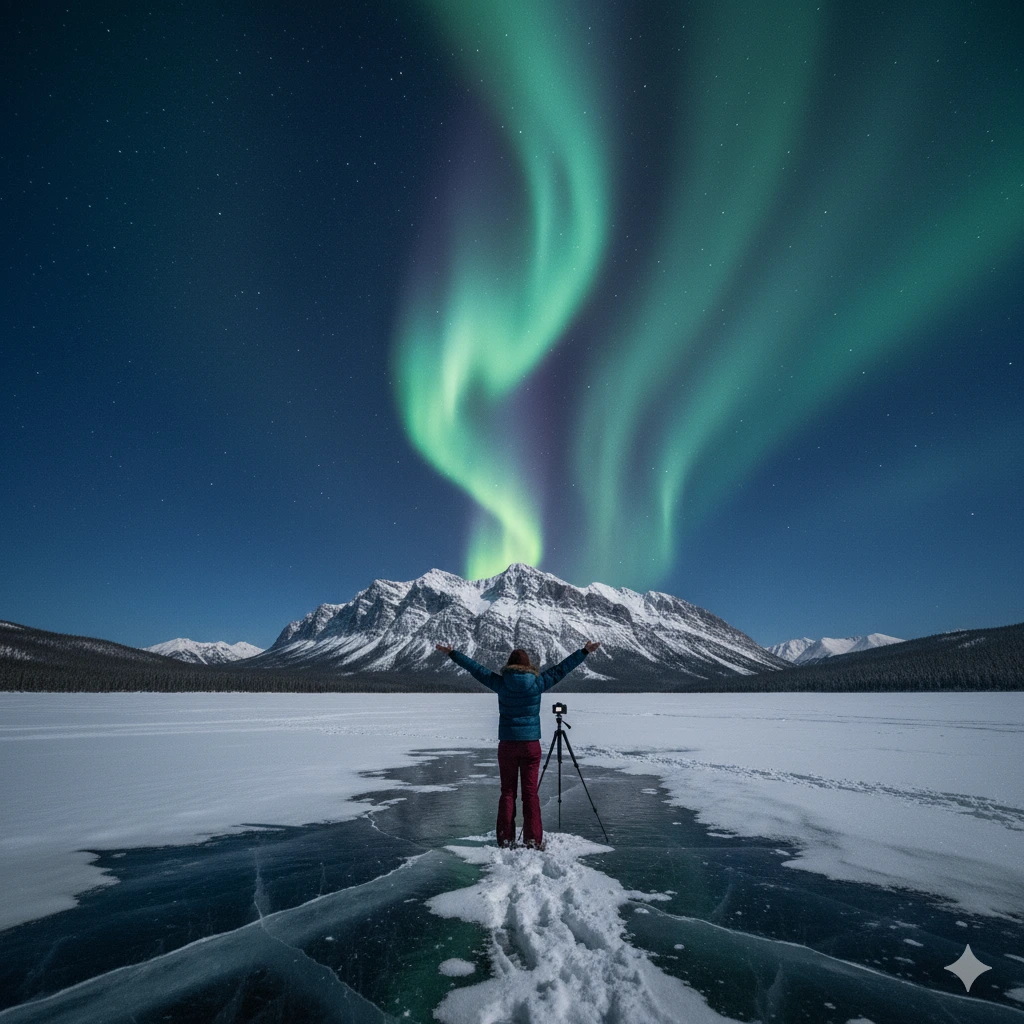Person with outstretched arms standing on frozen lake photographing green northern lights over snow-covered mountains at night.