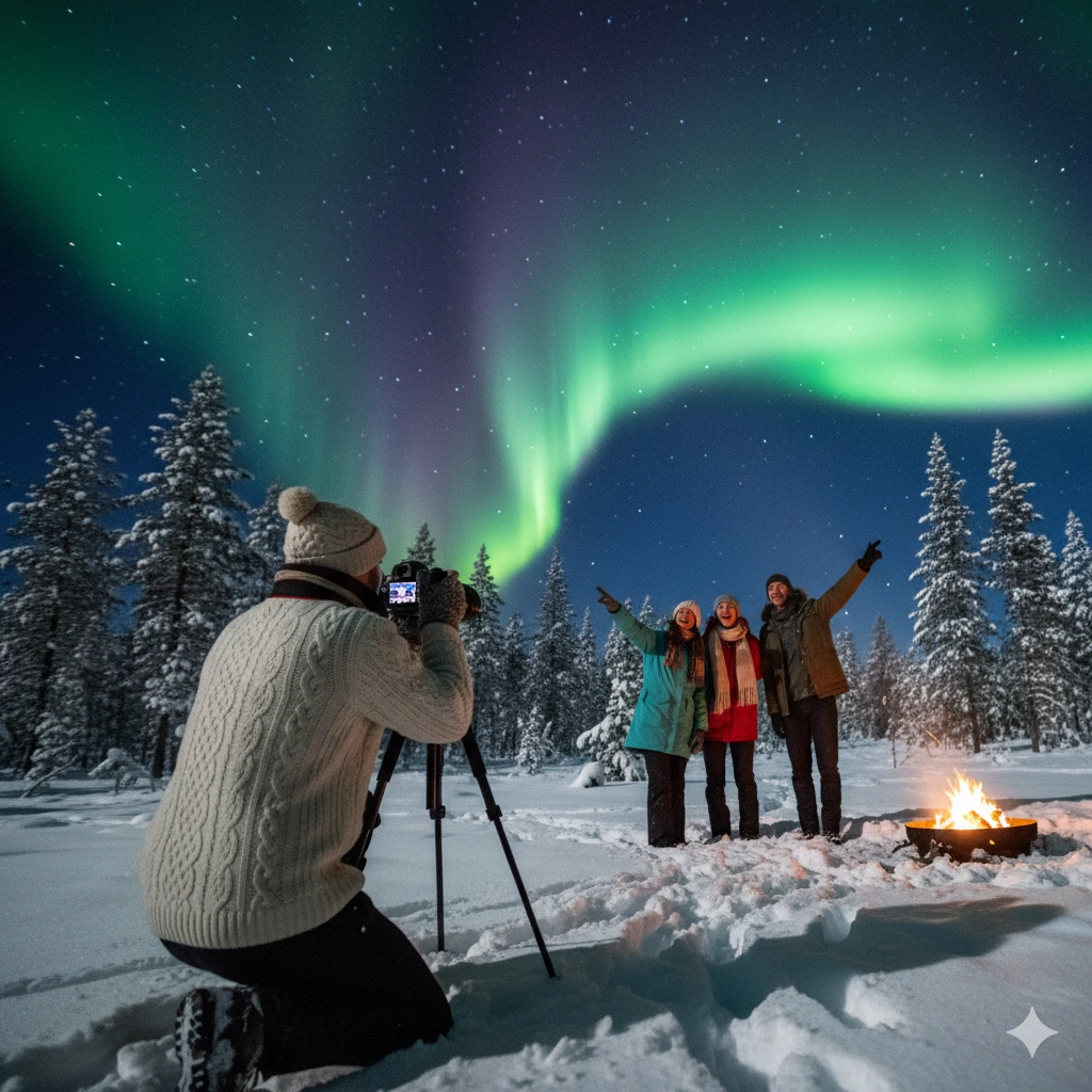 Photographer capturing three friends posing and pointing under vibrant northern lights in a snowy forest with a campfire nearby.