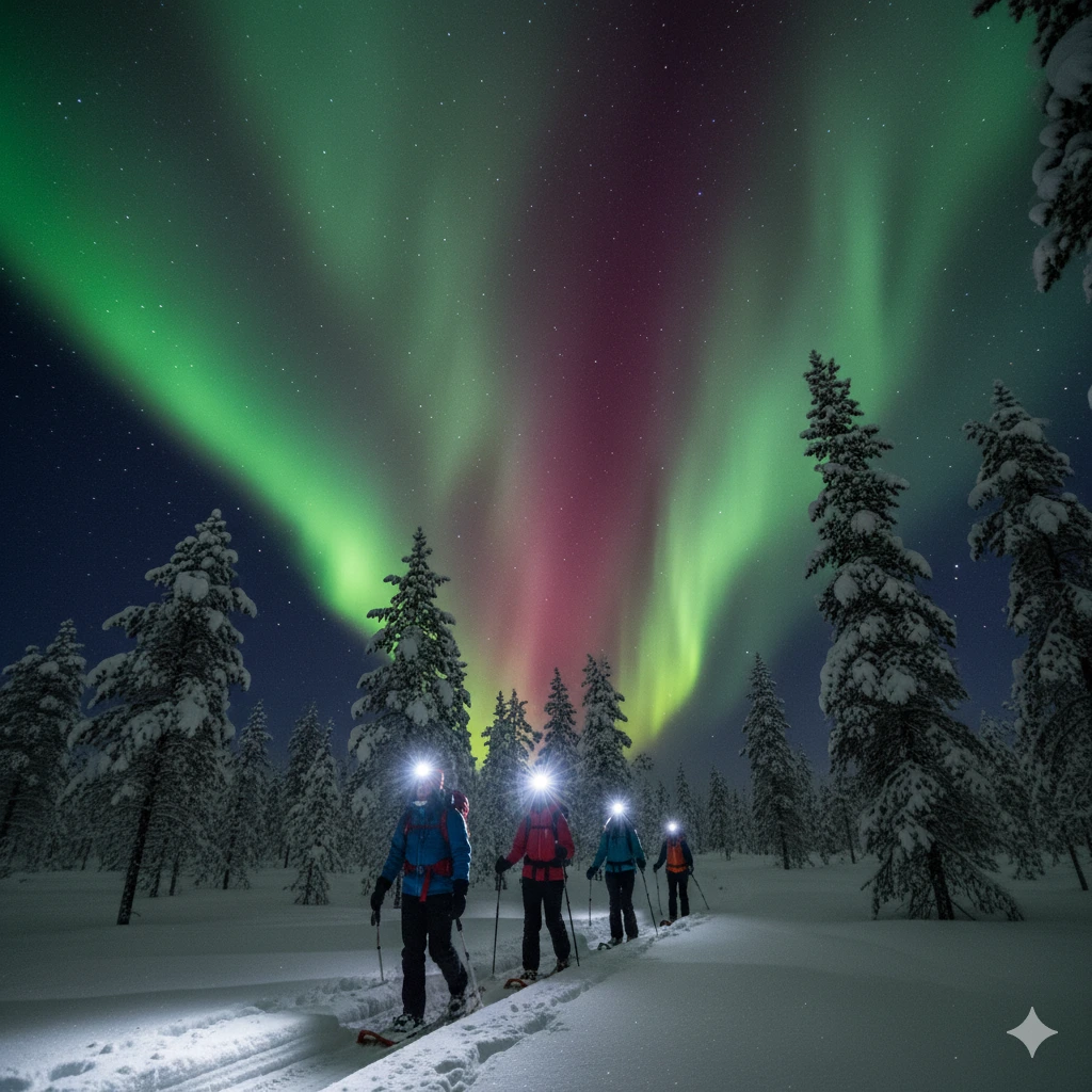 Four people snowshoeing through a snowy forest under vibrant green and purple northern lights at night.
