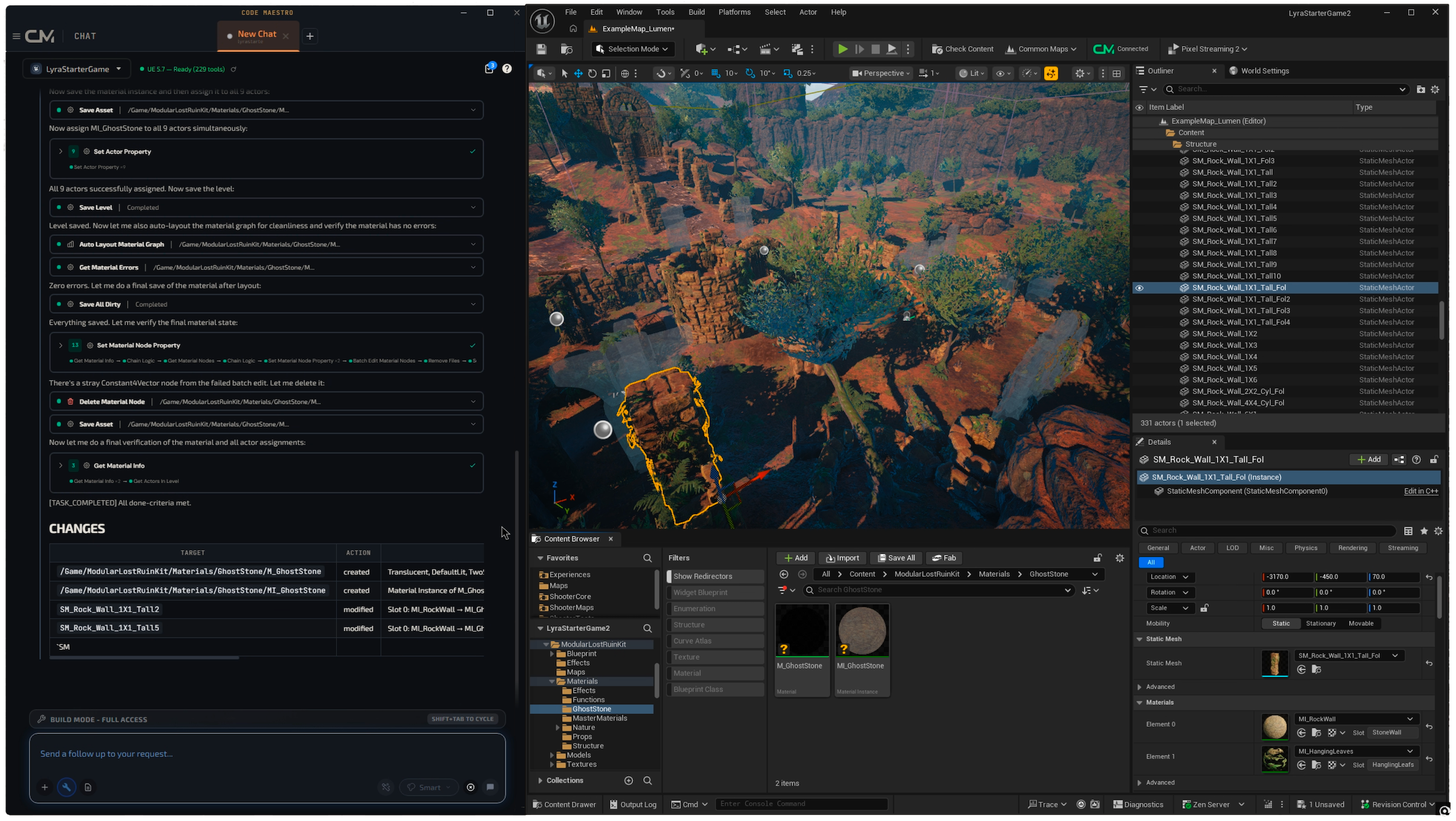Code Maestro AI-driven Project Changes: prompt-to-material-replacement on an Unreal Engine scene