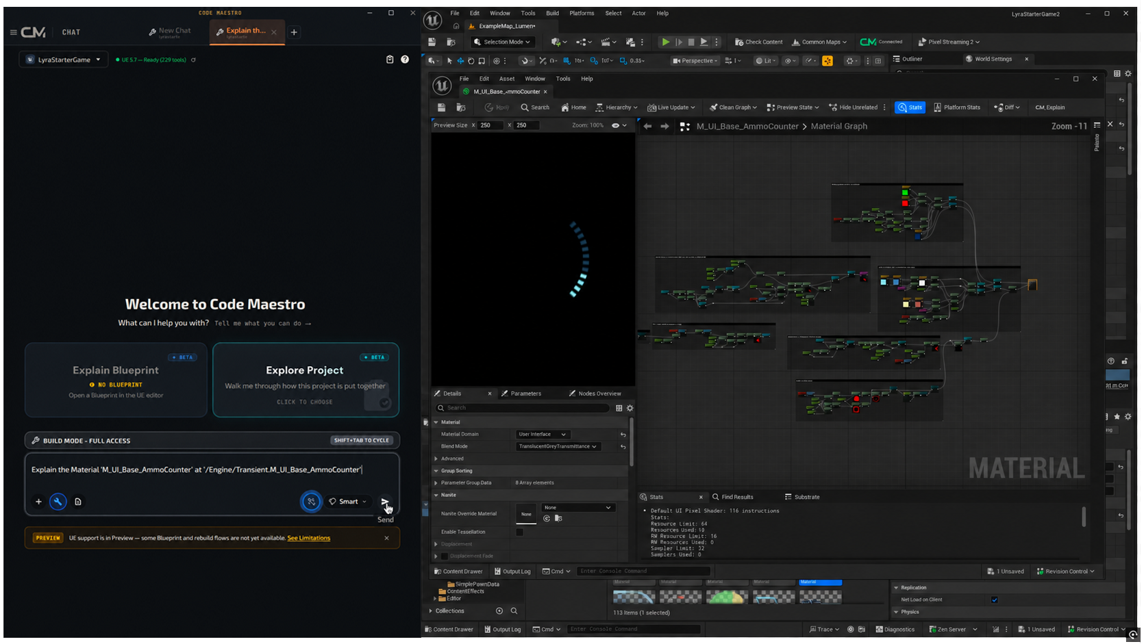 Code Maestro Graph Intelligence: layered explanation of an Unreal Engine Blueprint graph with input parameters, core logic and optimisation