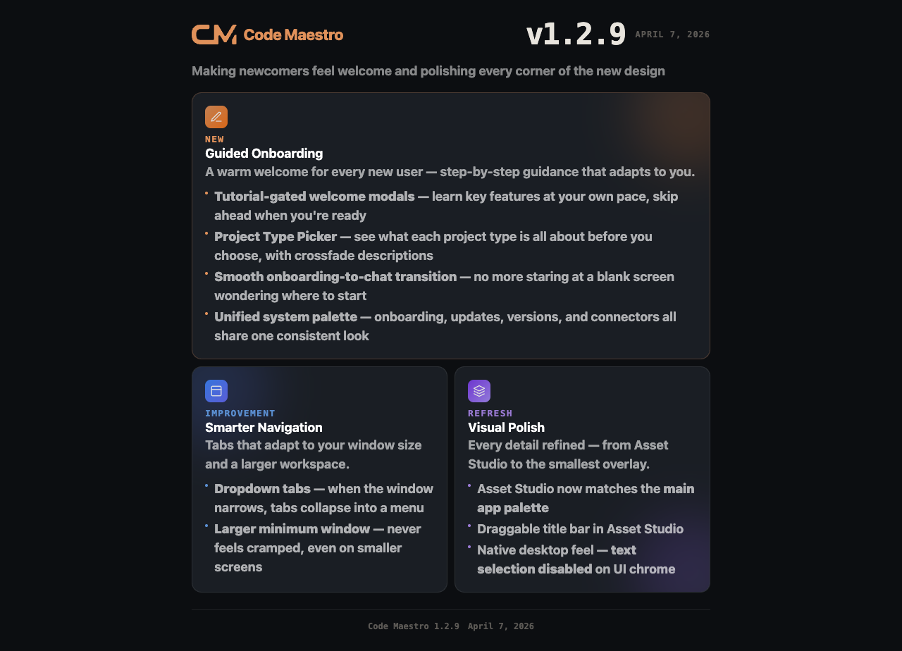 Code Maestro 1.2.9 - Onboarding & Polish