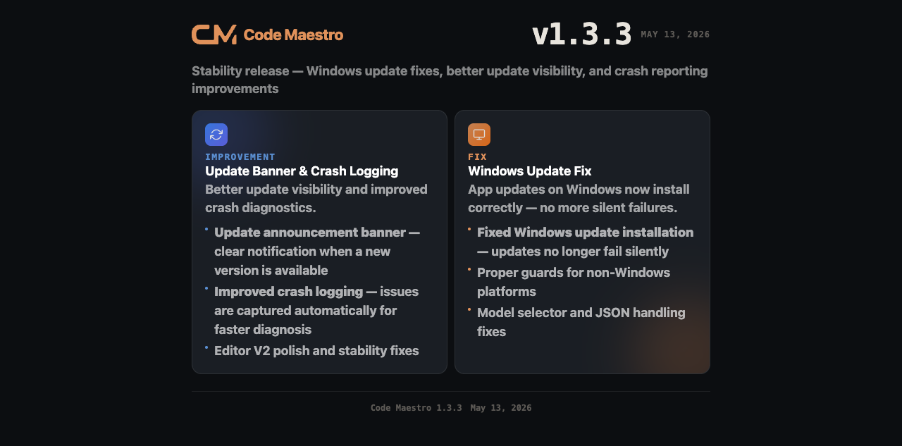 Code Maestro 1.3.3 - Stability & Windows Update Fixes